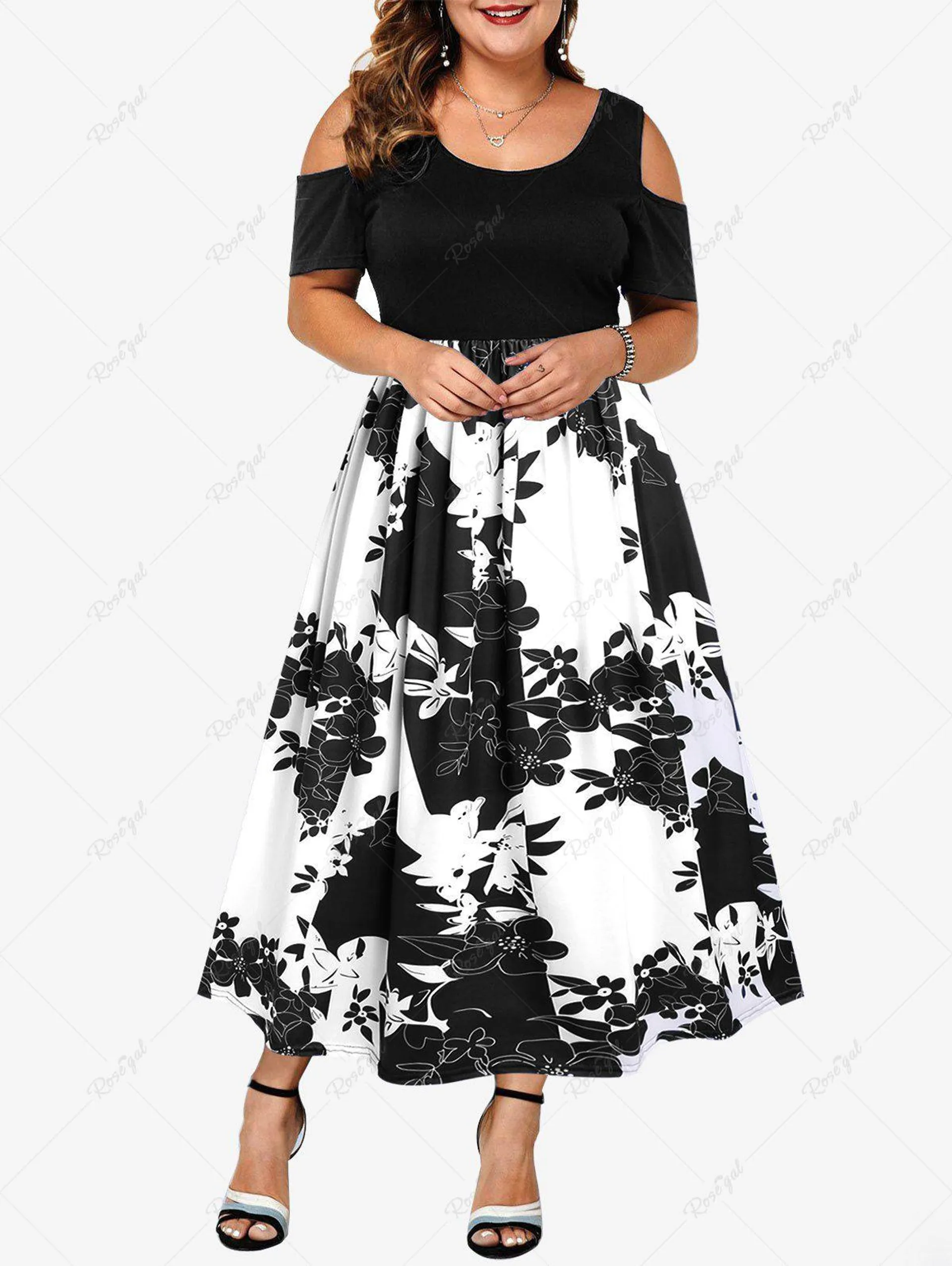 Plus Size Flower Printed Cold Shoulder A Line Midi Dress - 2xl