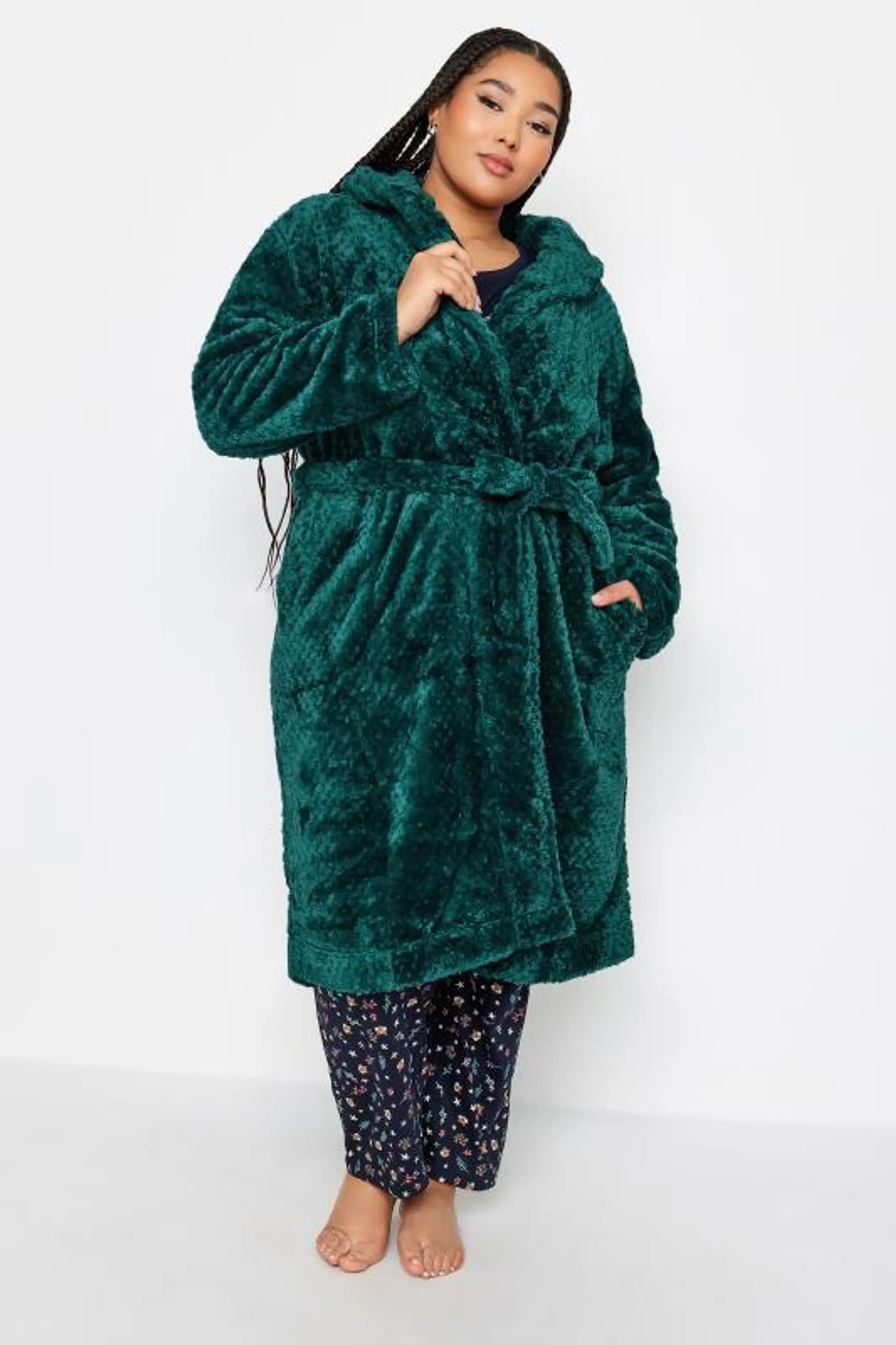 YOURS Curve Emerald Green Waffle Fleece Hooded Dressing Gown