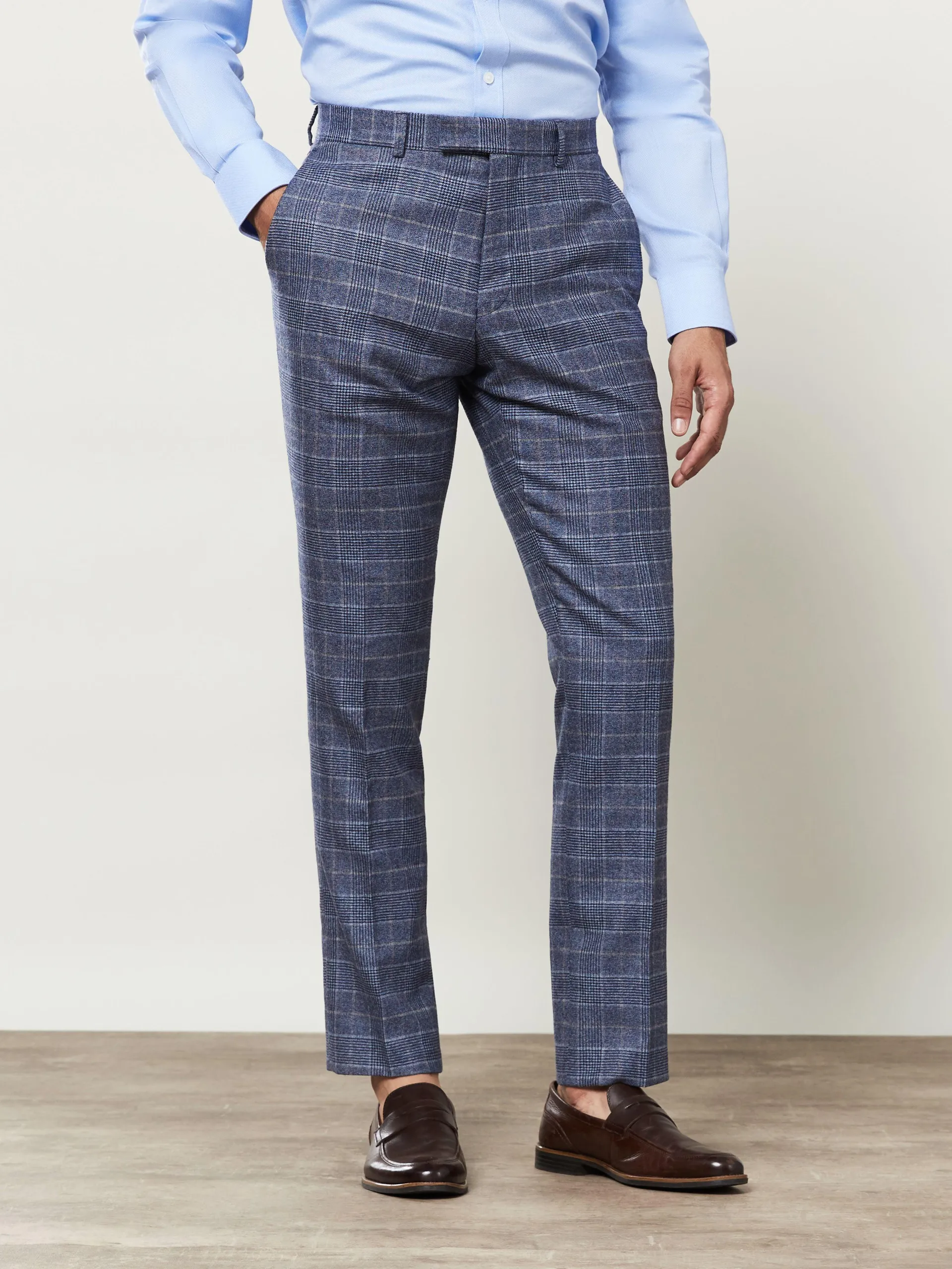 Hampstead Wool Silk Cashmere Slim Fit Blue and Taupe Check Trousers