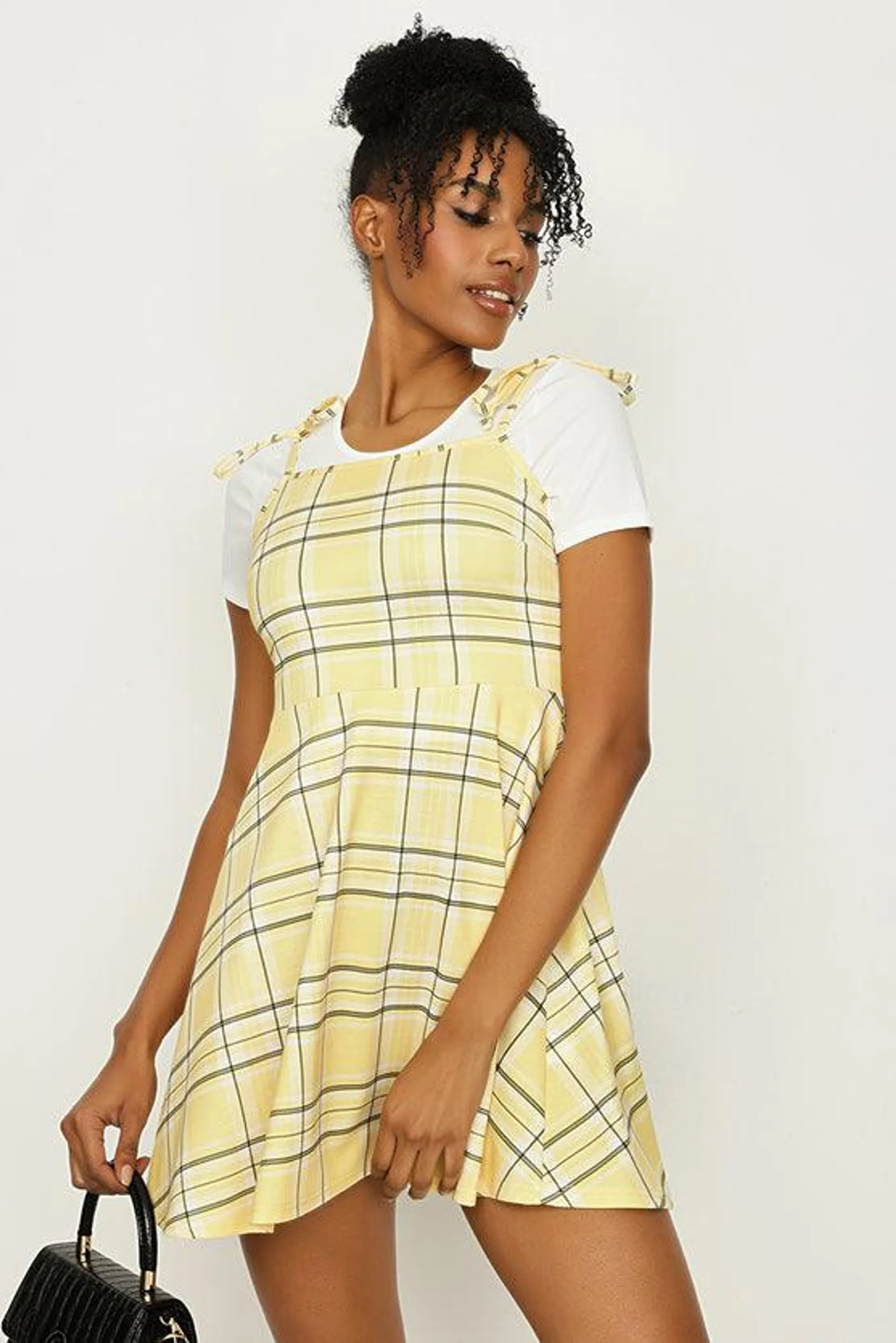Yellow 2 In 1 Short Sleeve A Line Check Pinny Dress