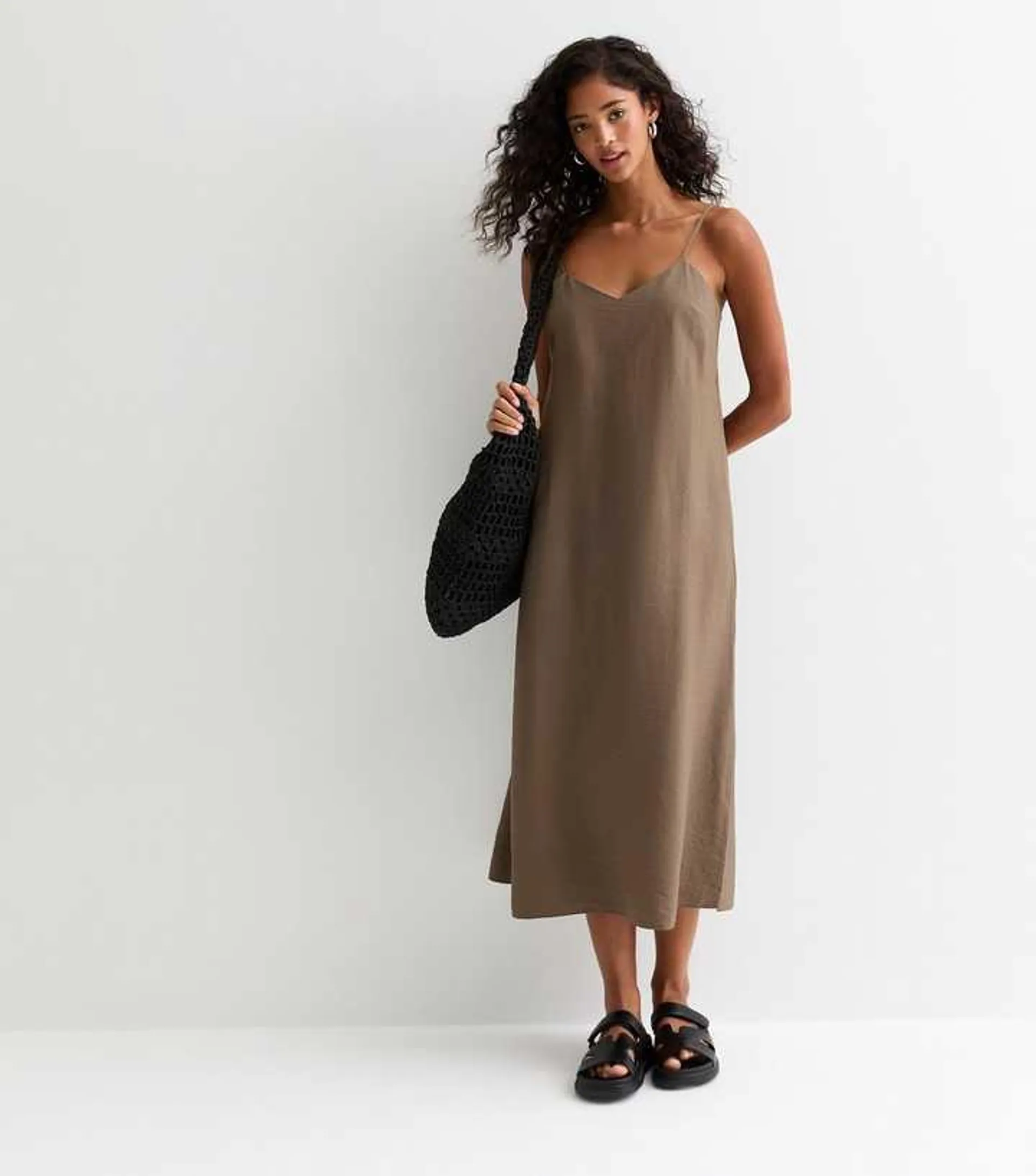 Mink Satin Strappy Slip Midi Dress