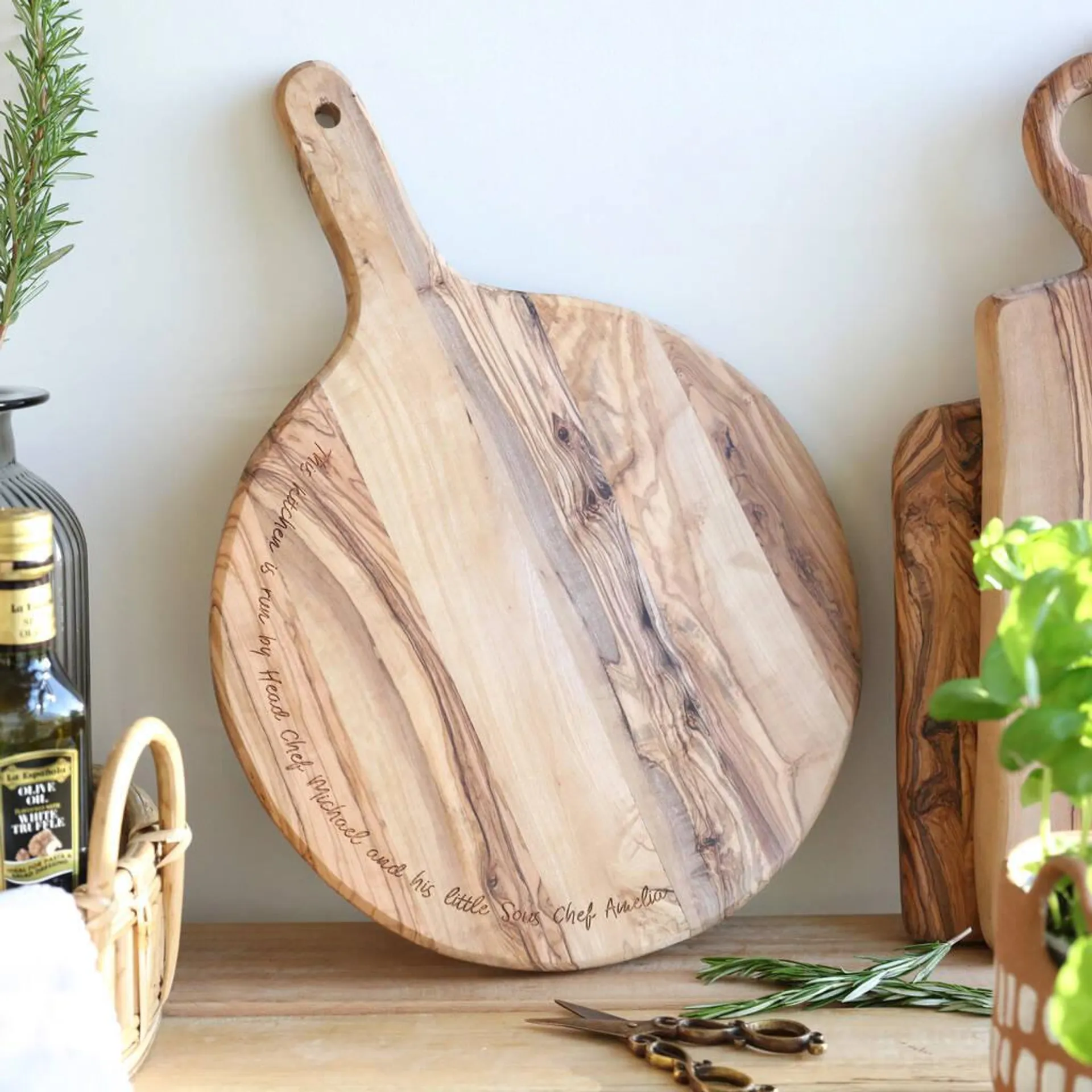 Personalised Round Olive Wood Pizza Board
