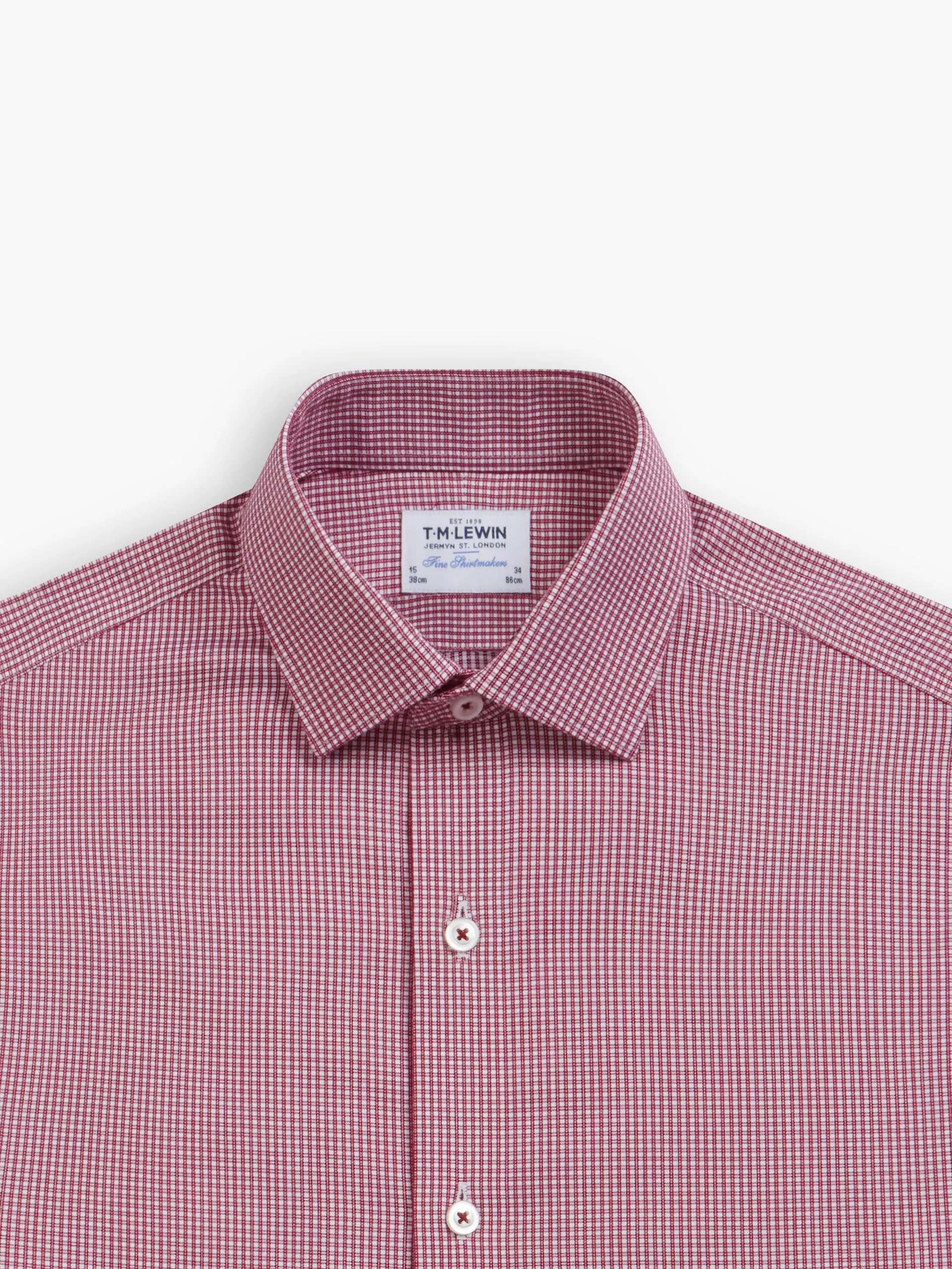 Non-Iron Burgundy Mini Plaid Check Plain Weave Regular Fit Single Cuff Classic Collar Shirt