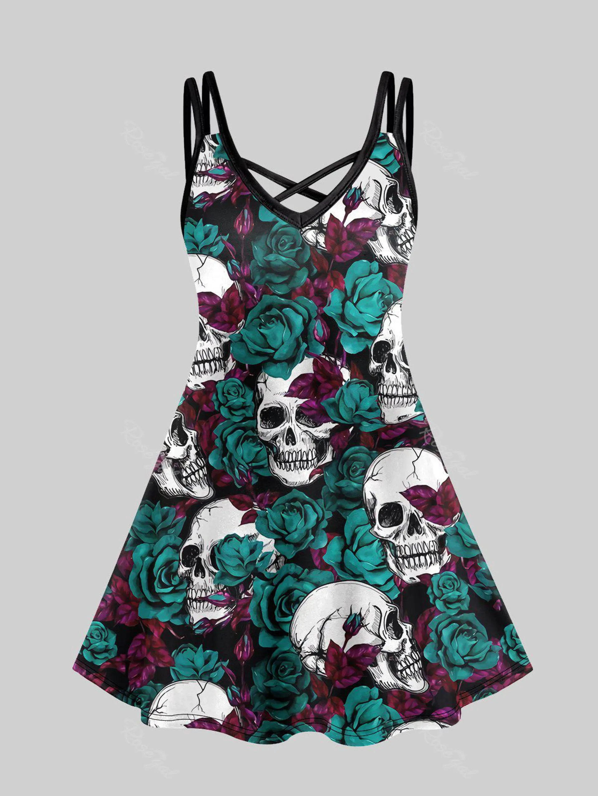 Gothic Rose Skull Print Crisscross Detail Sleeveless A Line Dress - L | Us 12