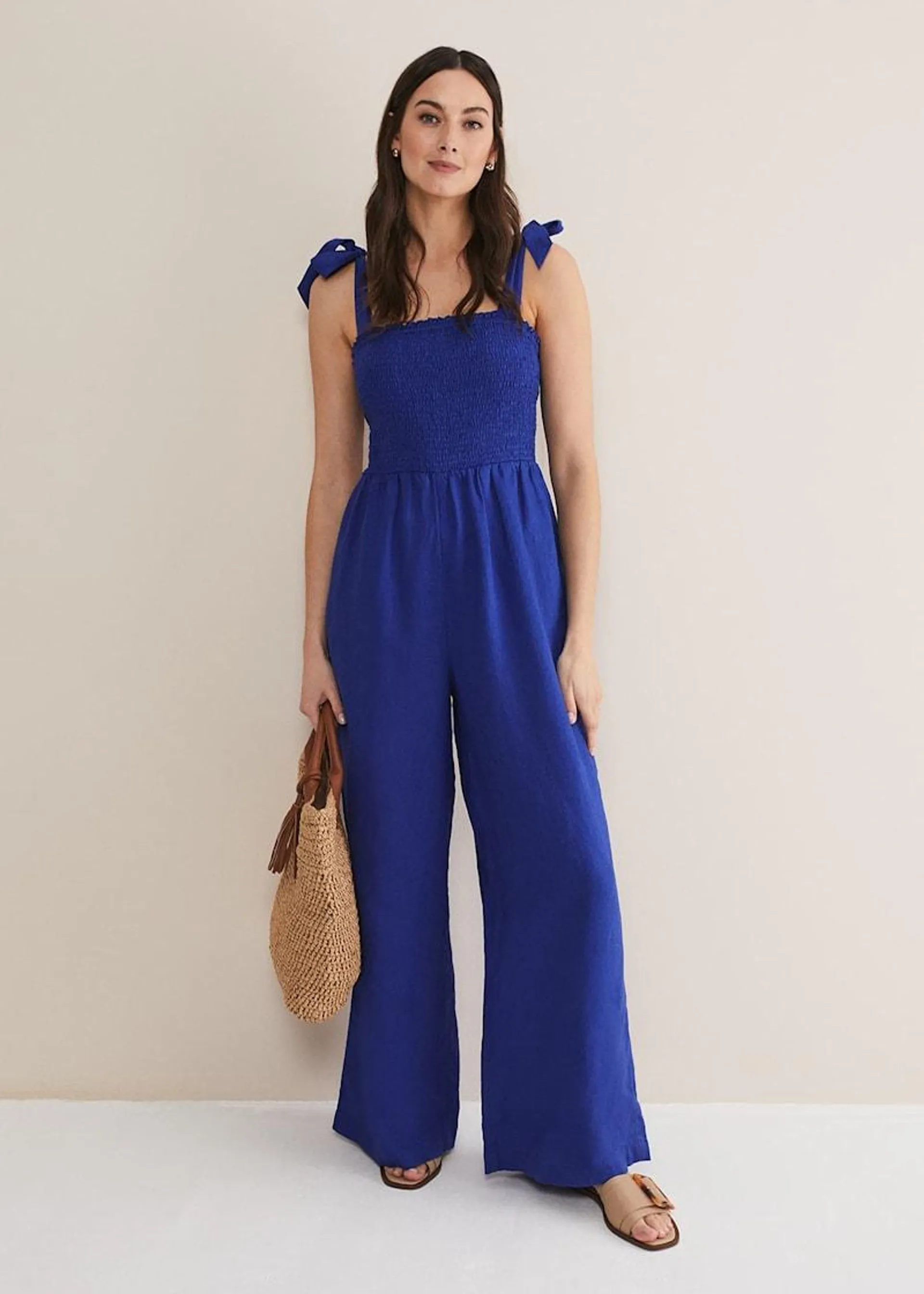 Ona Linen Shirred Wide Leg Jumpsuit