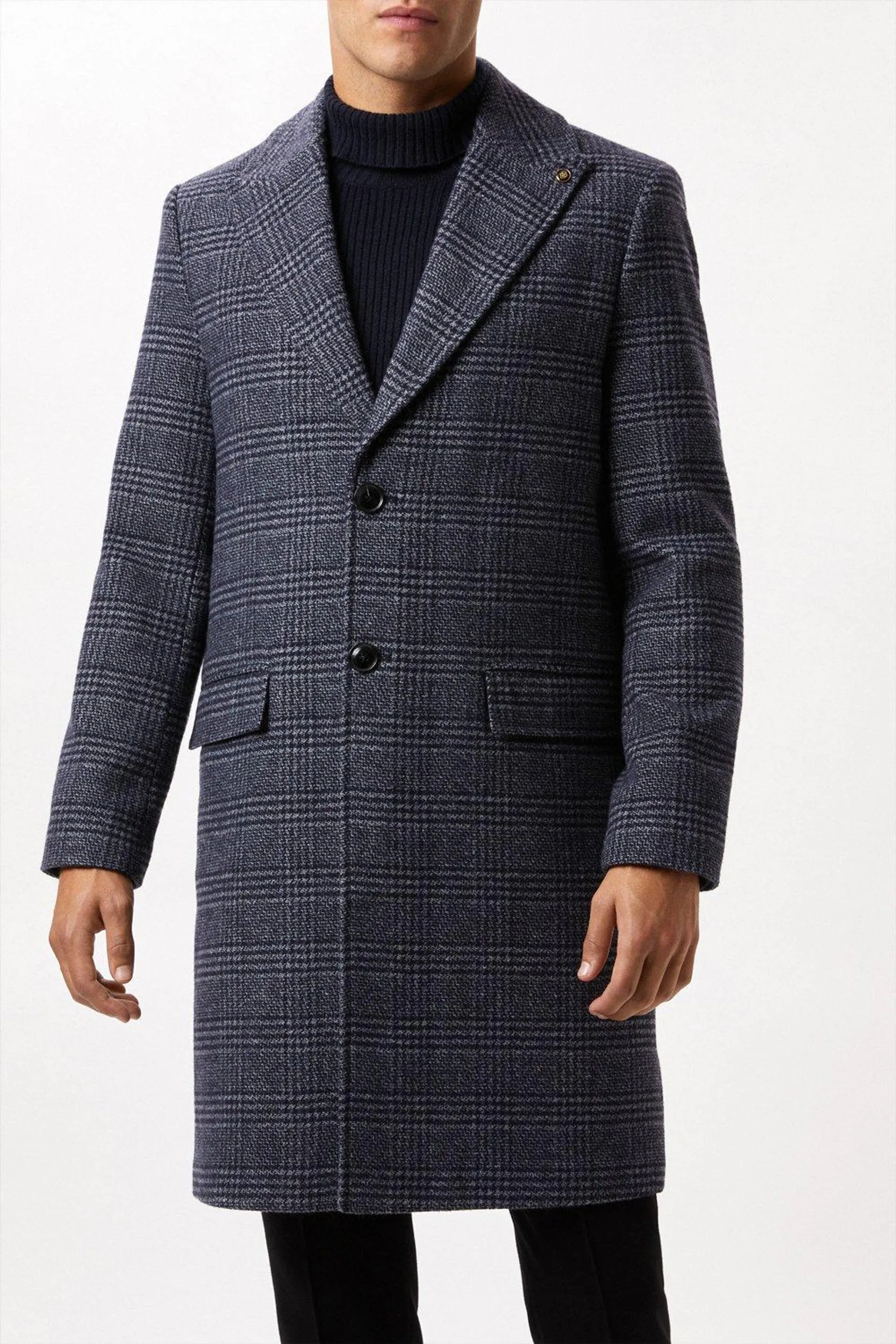 Navy Wool Blend Checked Overcoat