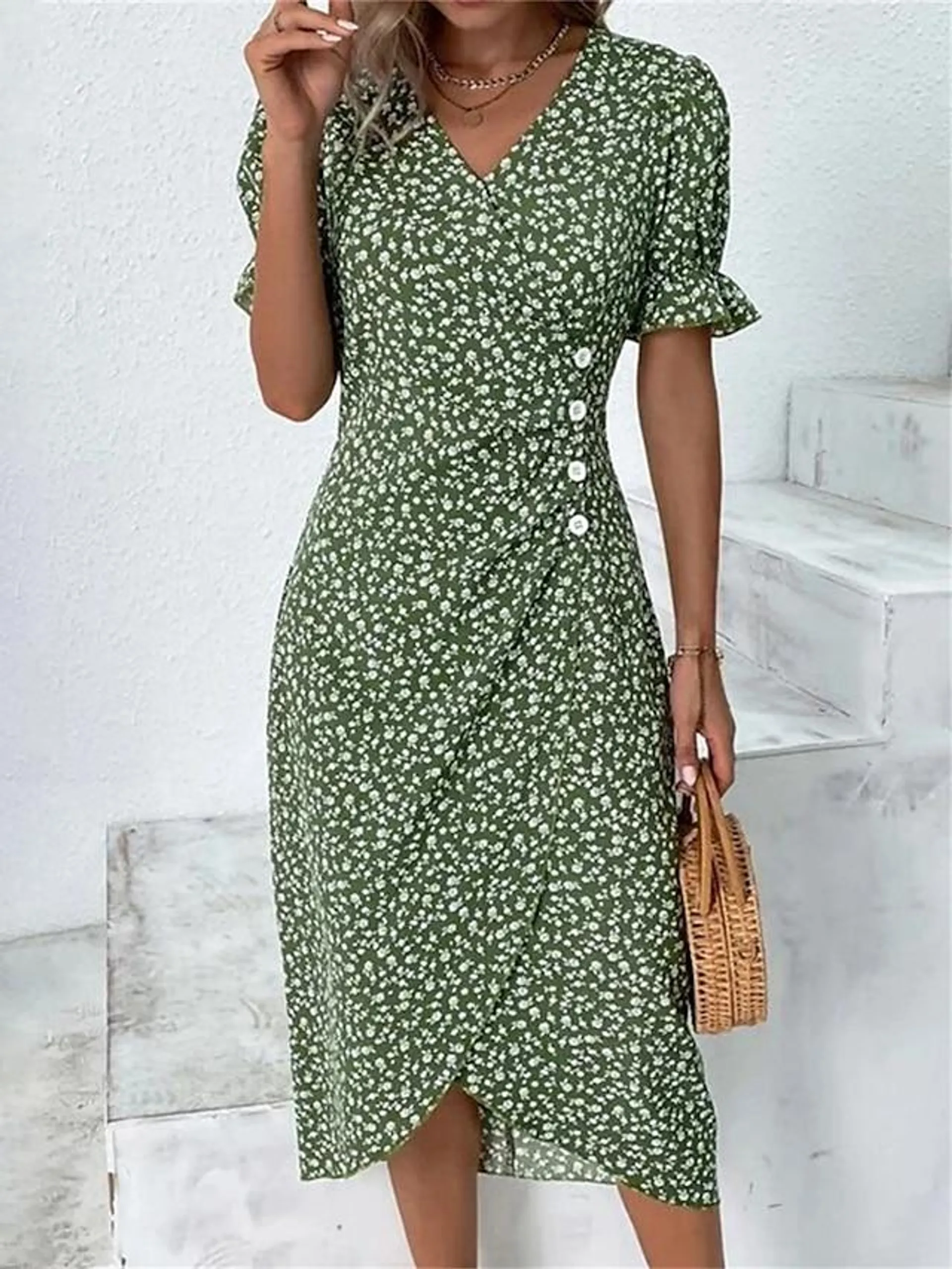 Women's Casual Dress Wrap Dress Floral Dress Floral Button Print V Neck Midi Dress Fashion Classic Daily Holiday Short Sleeve Regular Fit Black Yellow Pink Summer Spring S M L XL XXL
