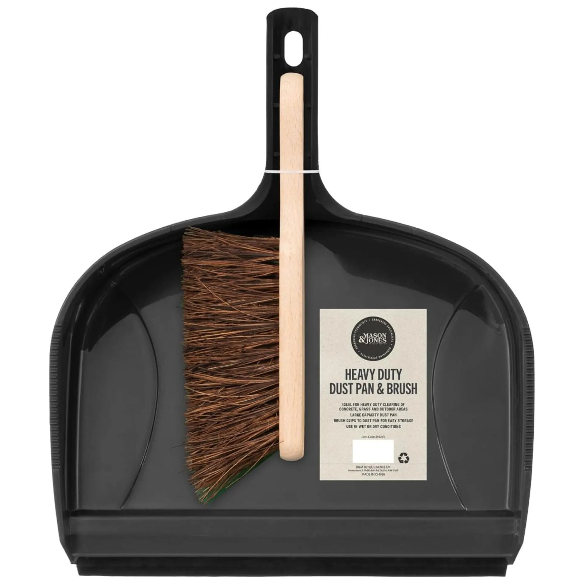 Heavy Duty Dustpan & Bassine Brush Set - Black