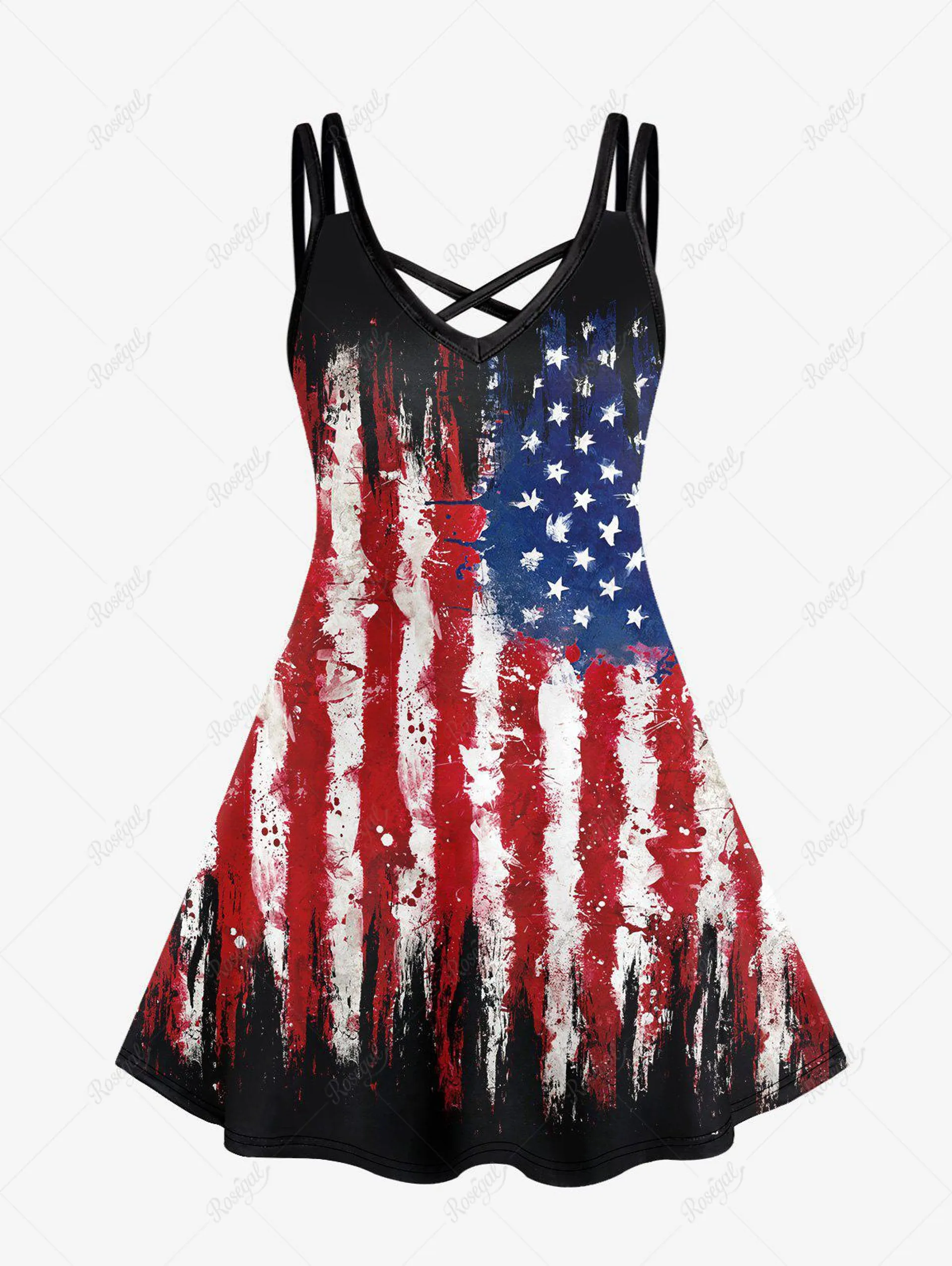 Gothic Distressed American Flag Print Crisscross Detail Sleeveless Dress - 2x | Us 18-20