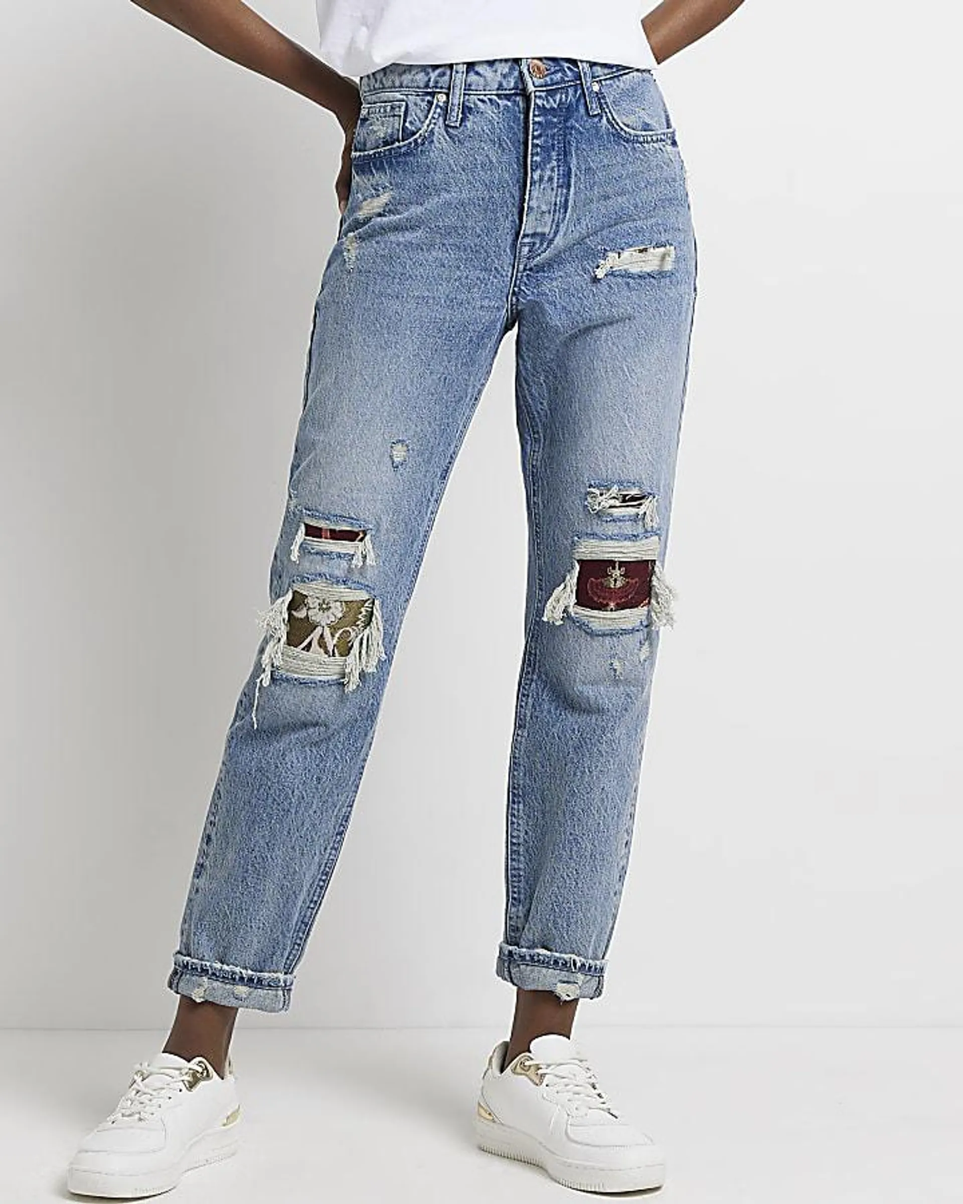 Blue ripped high waisted mom jeans