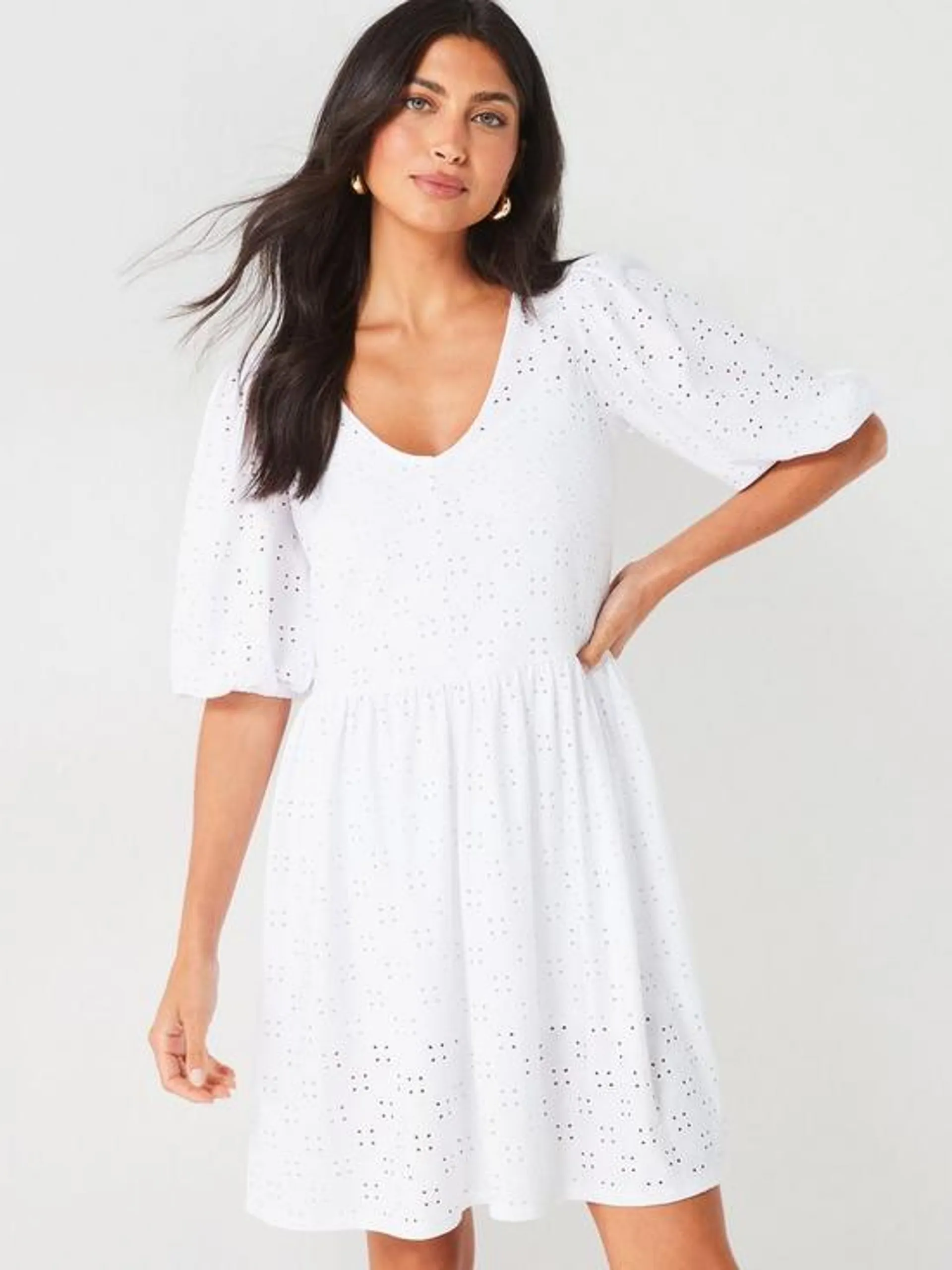 Broderie Puff Sleeve Smock Mini Dress - White