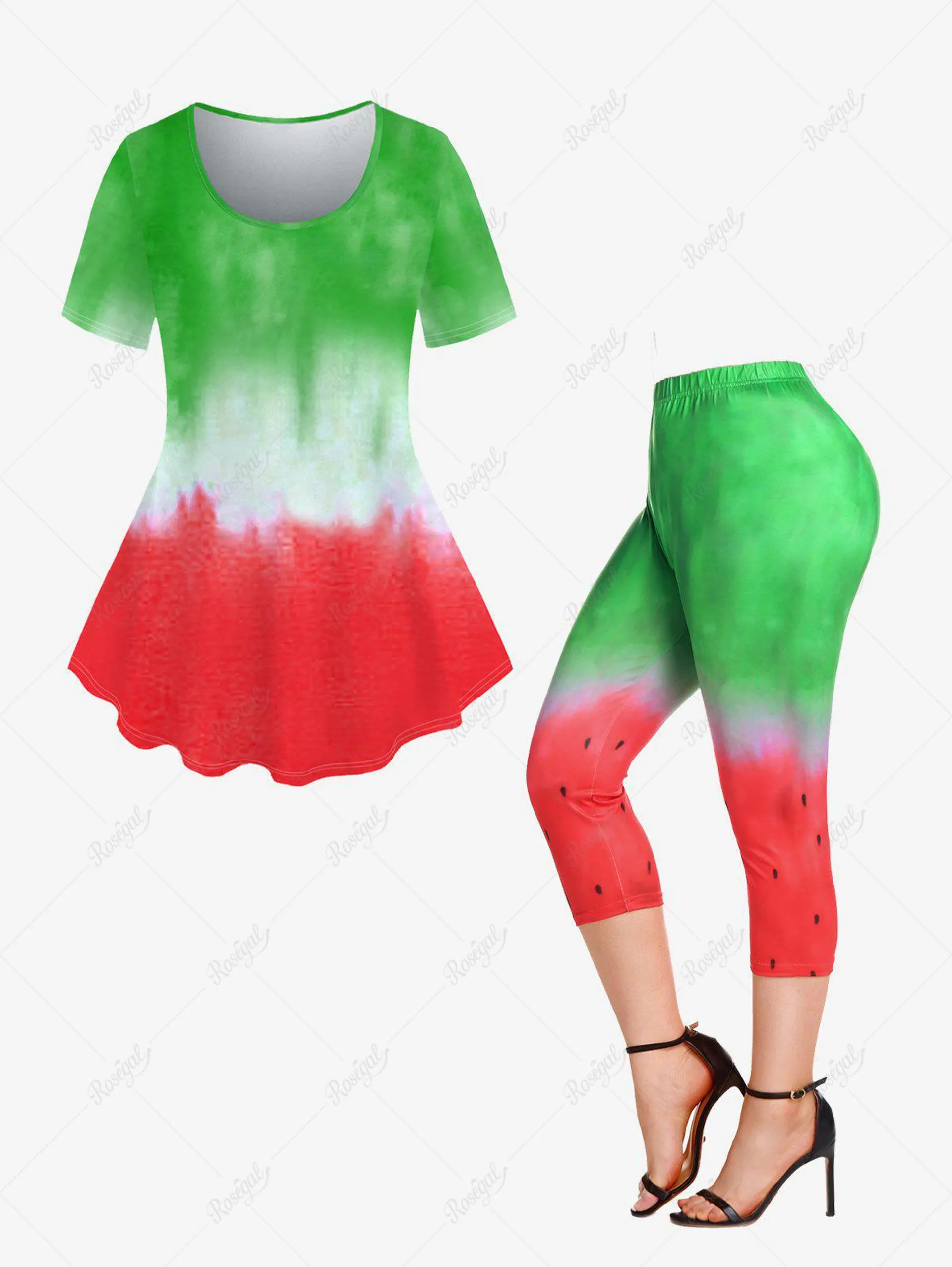 Ombre Watermelon Print T-Shirt and Capri Leggings Plus Size Outfits