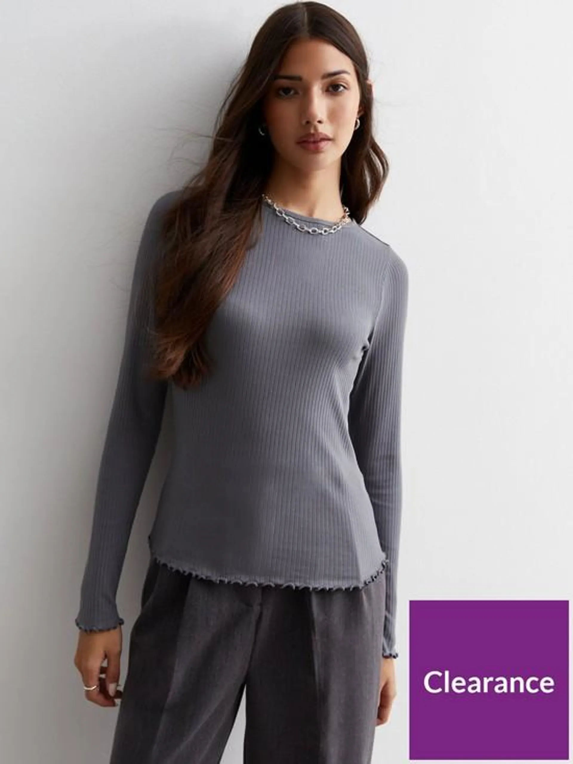 Pale Grey Ribbed Frill Long Sleeve Top