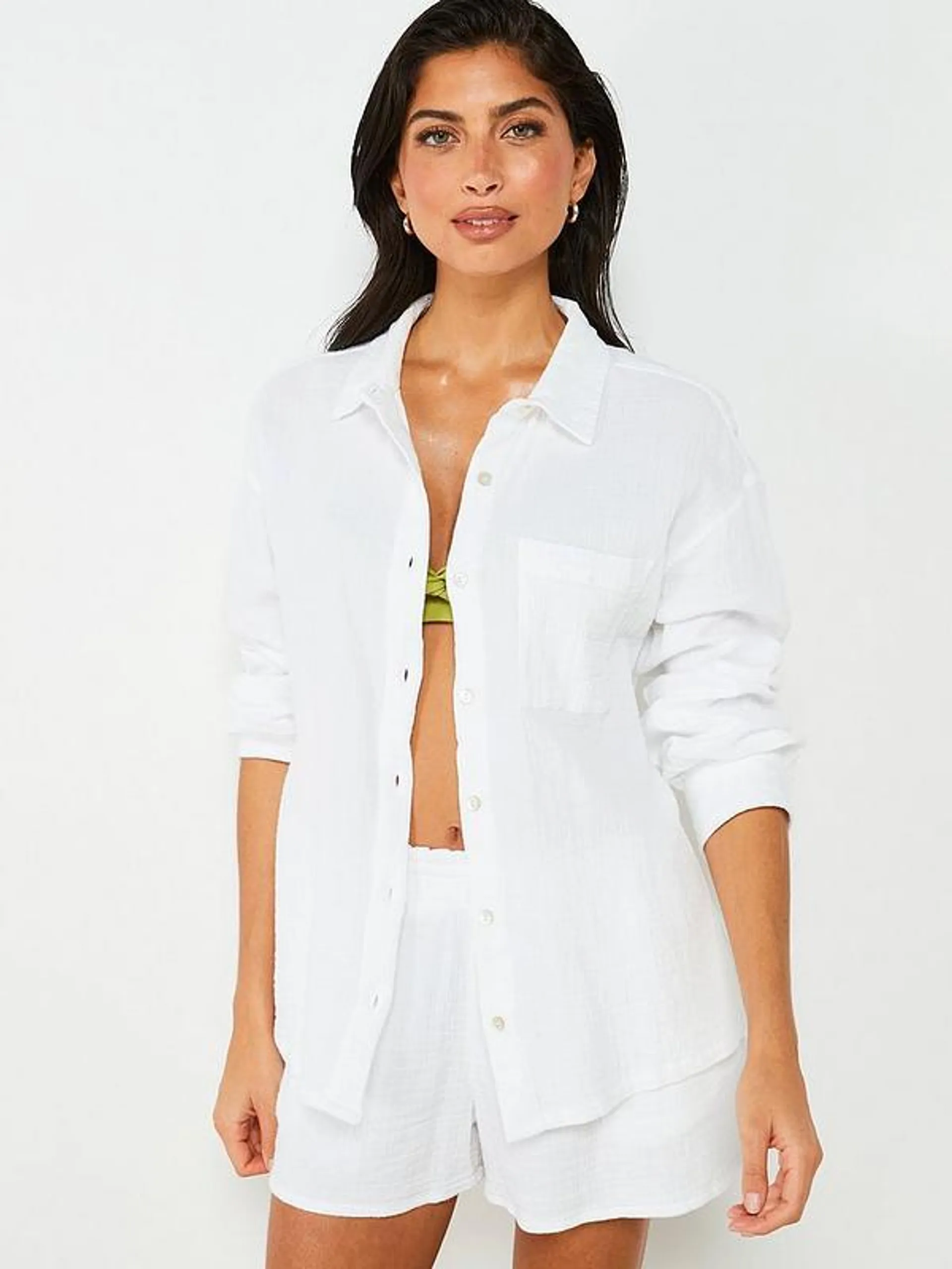 Crinkle Long Sleeve Beach Shirt - White