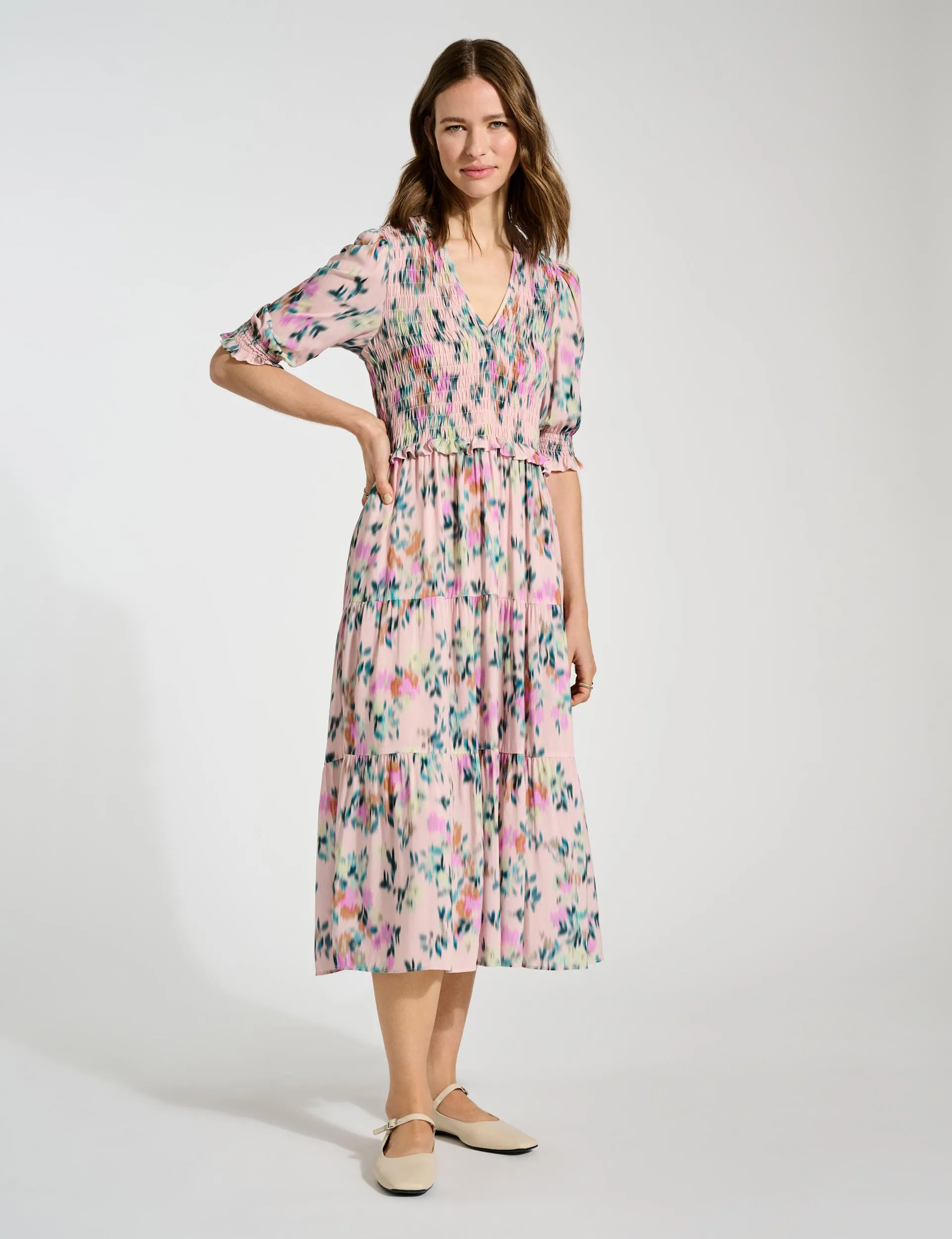 Printed V-Neck Midi Tiered Dress