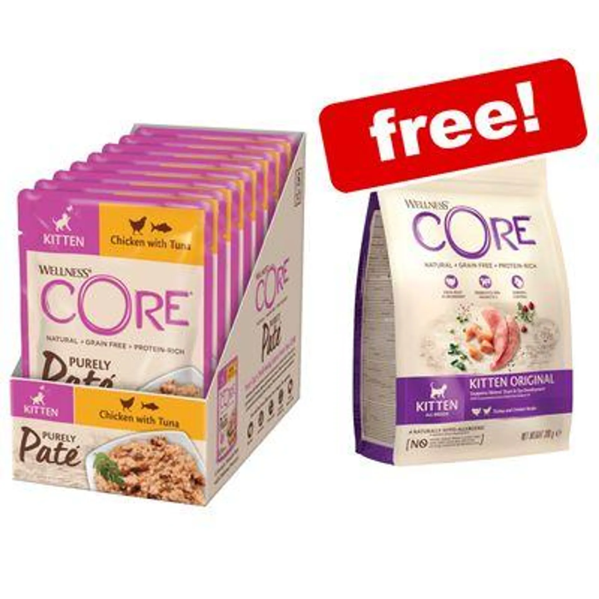 24 x 85g Wellness Core Kitten Wet Cat Food + 300g Dry Cat Food Free! *