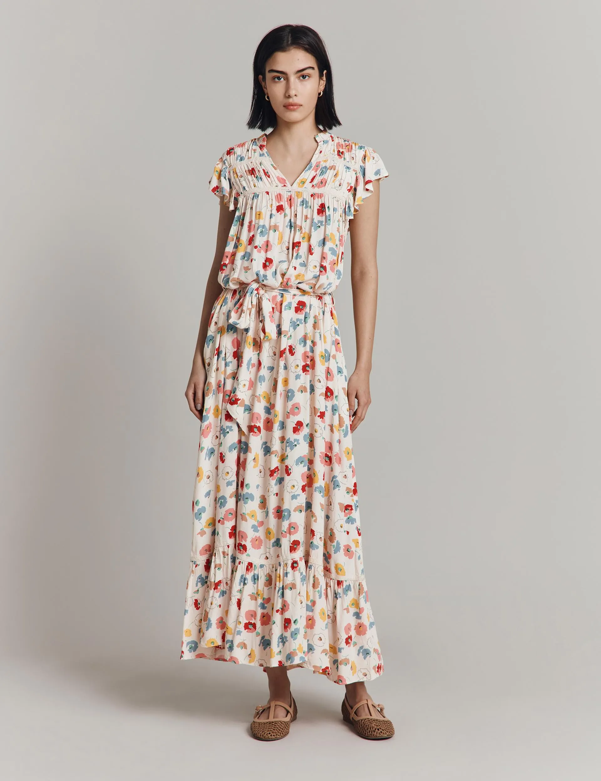 Crepe Printed Notch Neck Maxi Tea Dress