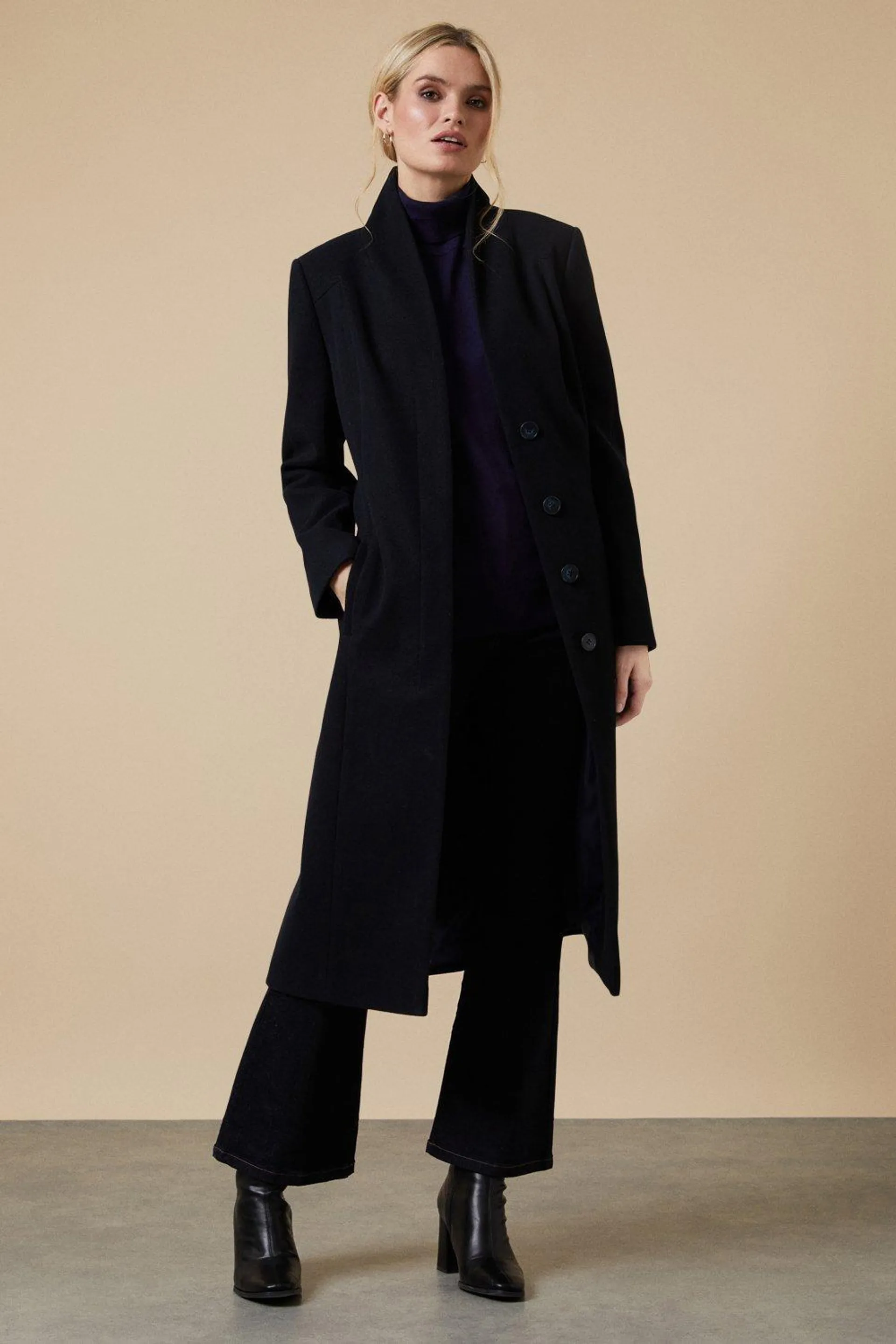 Navy Smart Belted Collarless Wrap Coat