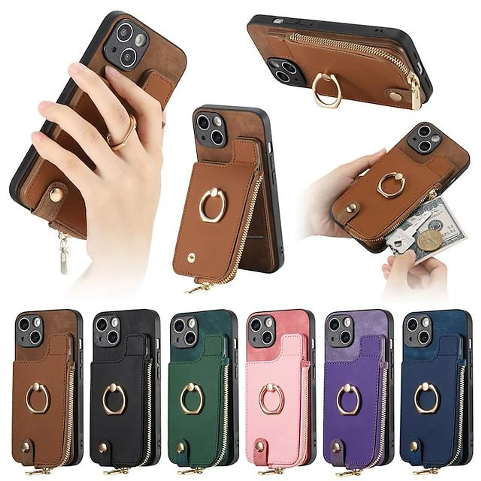 Phone Case For iPhone 15 Pro Max Plus iPhone 14 13 12 11 Pro Max Mini SE X XR XS Max 8 7 Plus Wallet Case Ring Holder Zipper Card Slot Solid Color TPU PC PU Leather