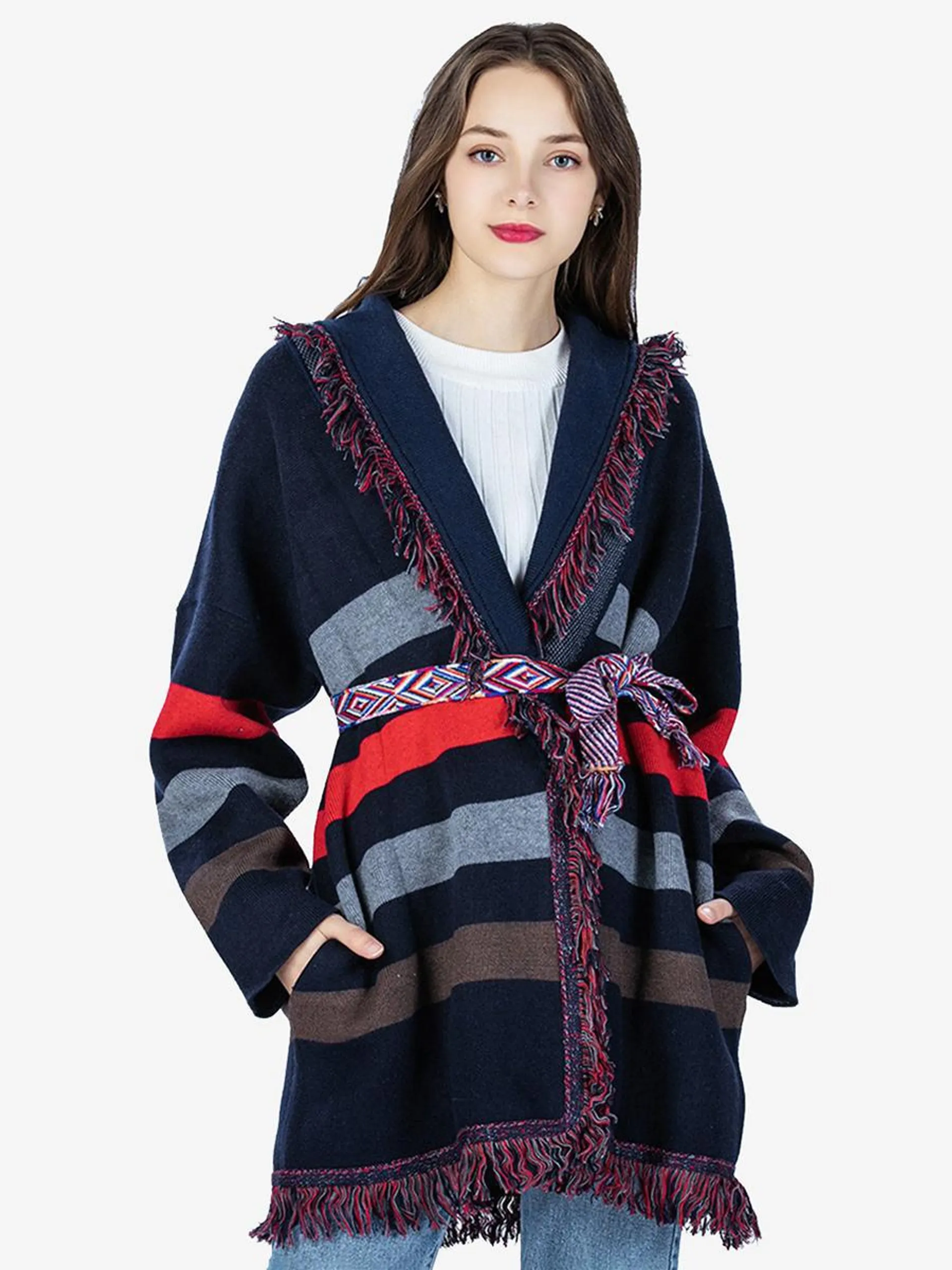 Dark Navy Cardigans Horizontal Stripes Tassel Trim Belted Wool Blend Sweater
