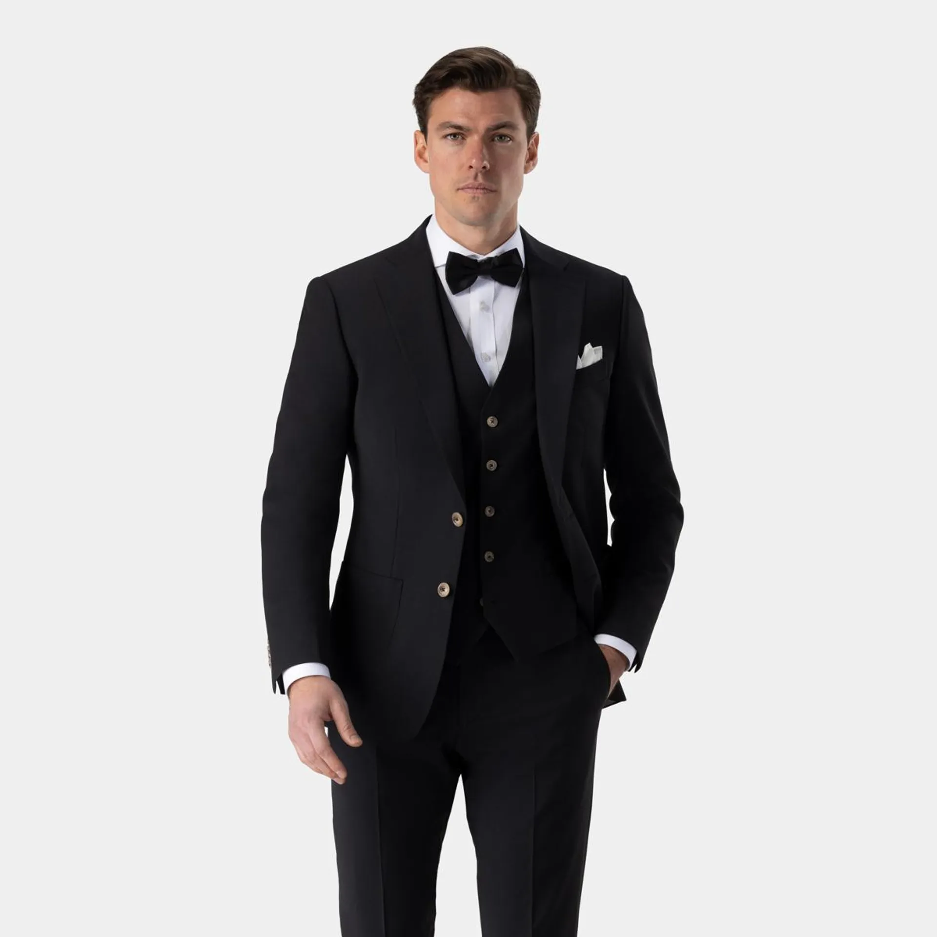 Black three-piece stretch suit