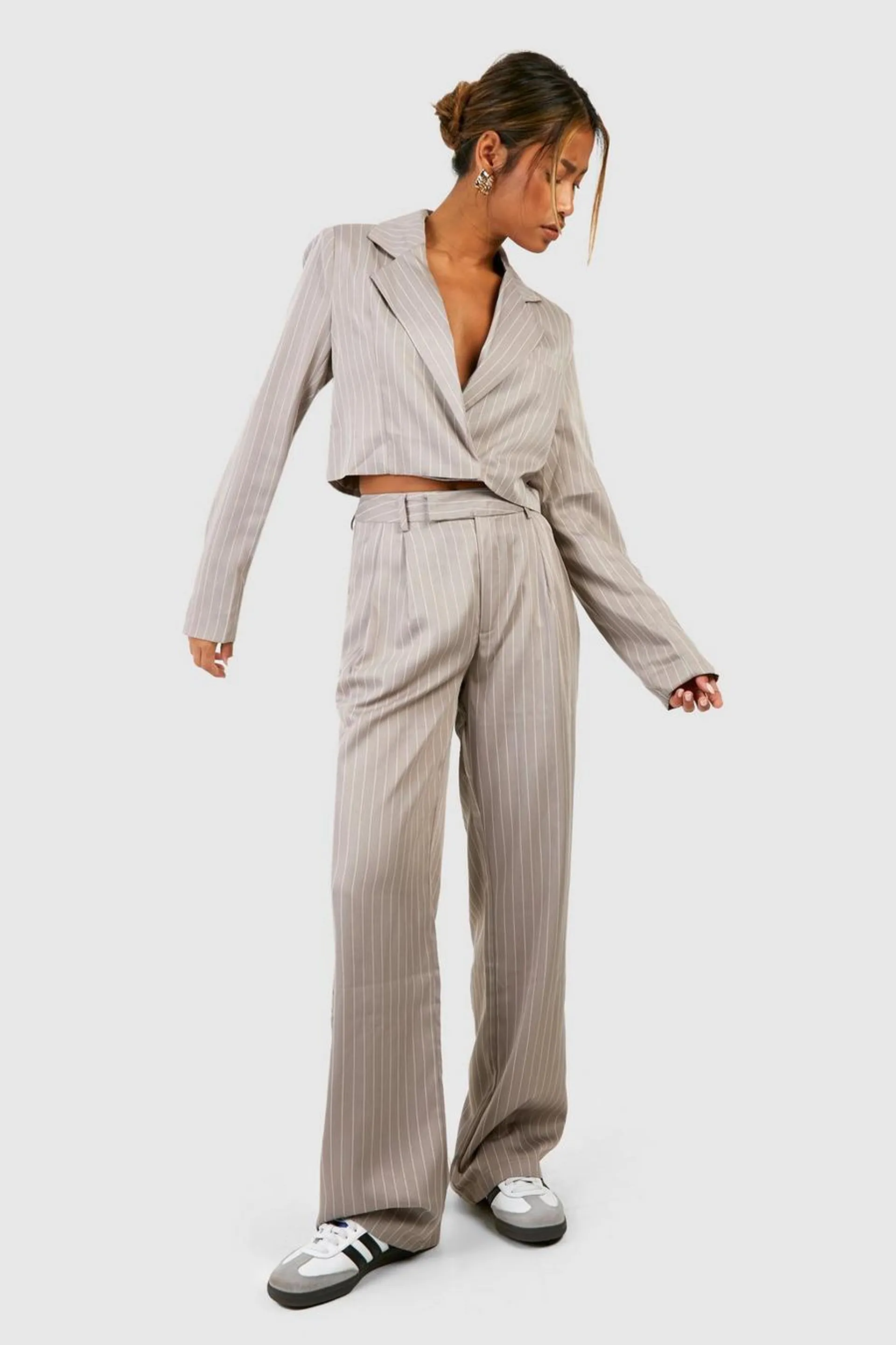 Pinstripe Pleat Front Wide Leg Tailored Trousers