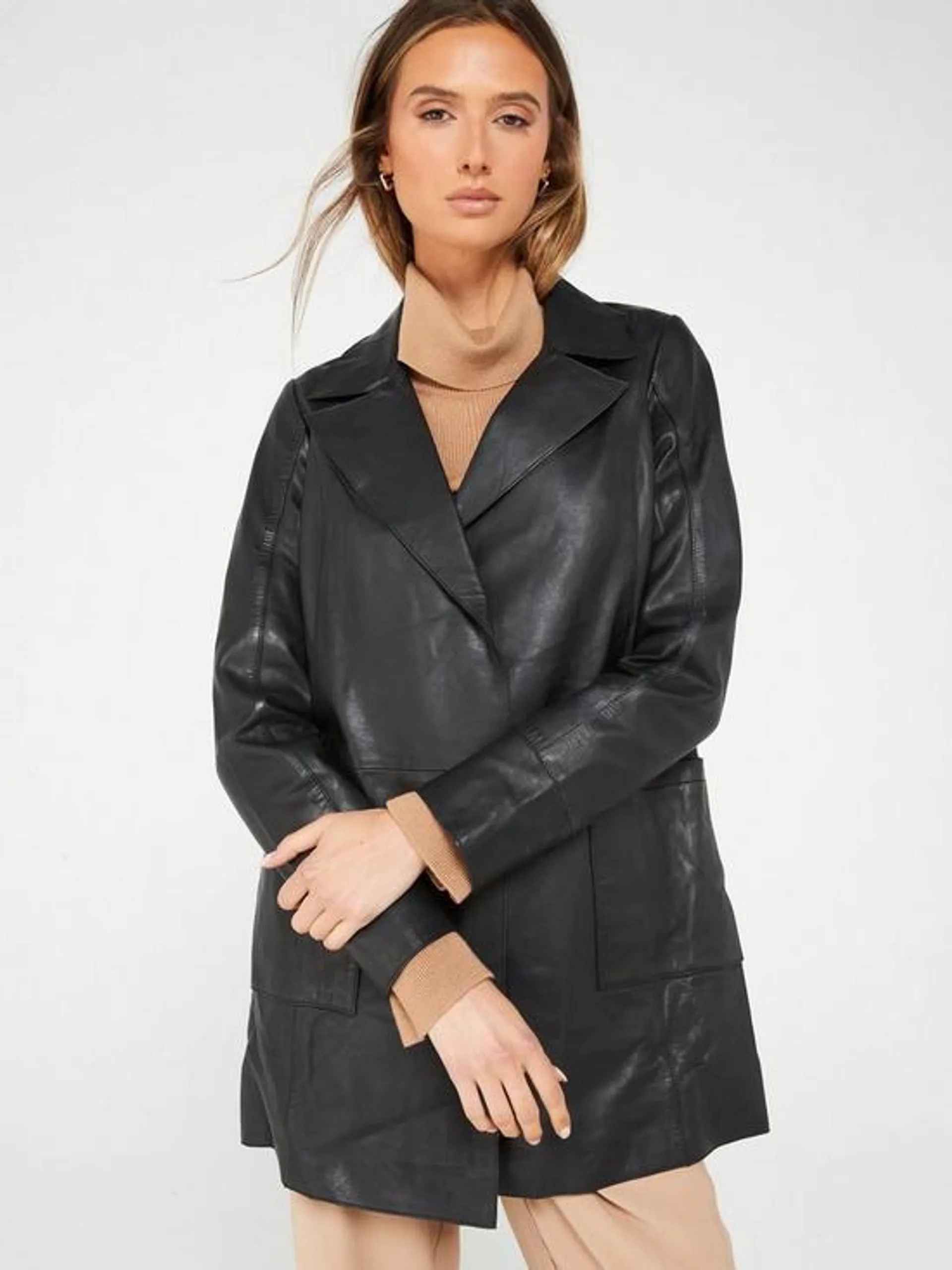 Leather Longline Jacket -Black