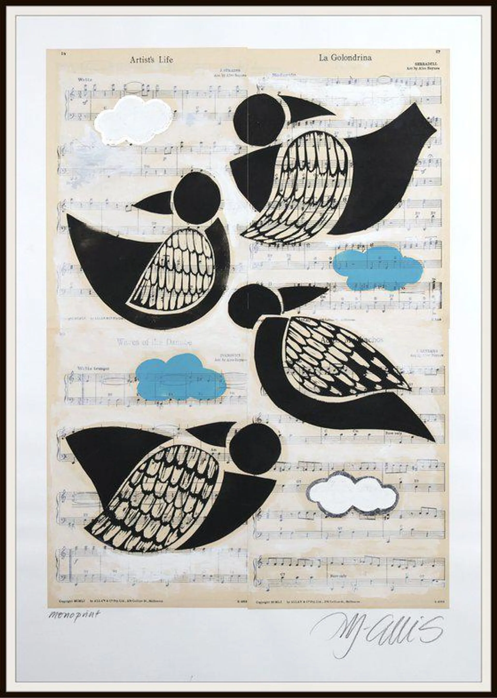 Songbirds on sheet music, linocut monoprint (2023)
