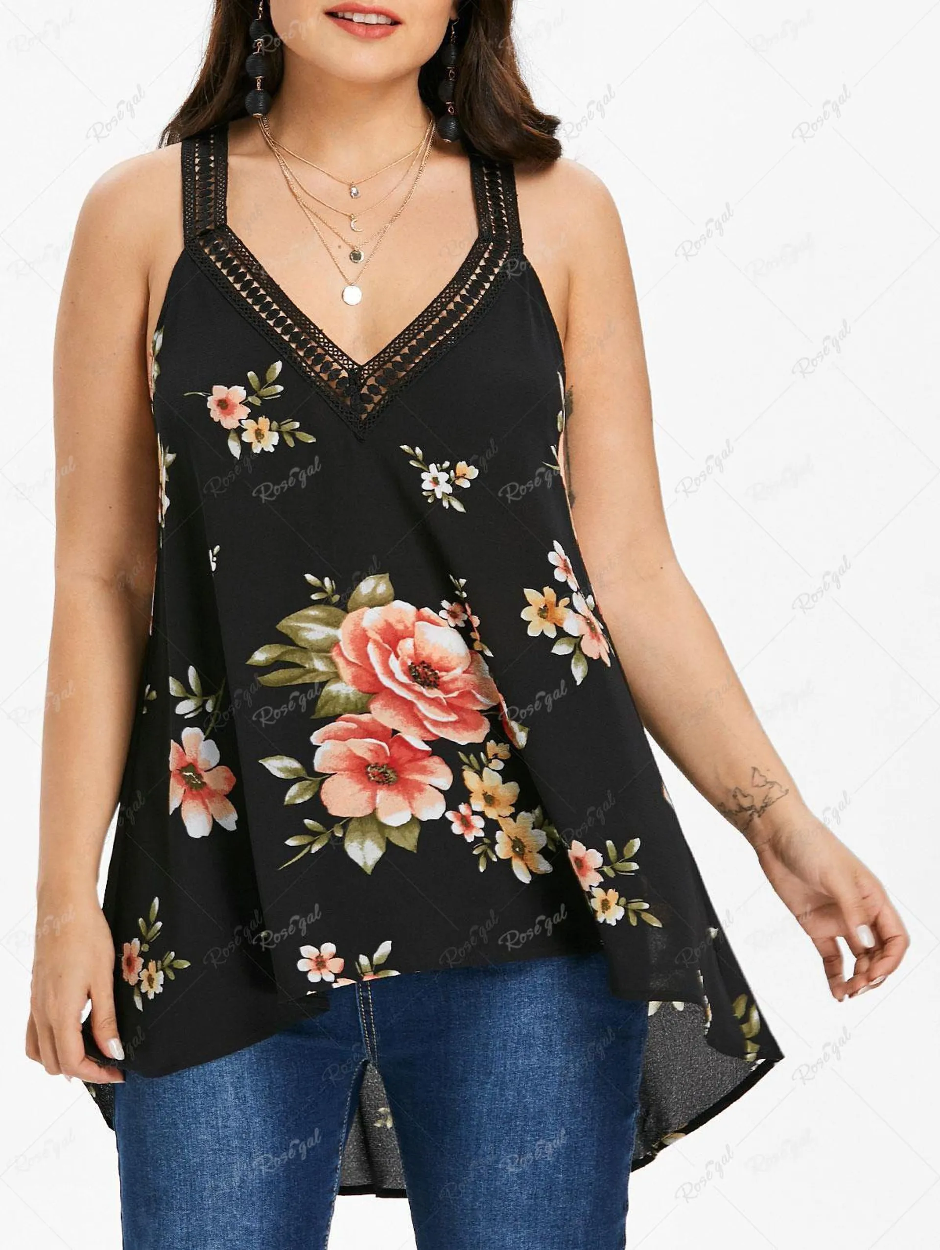 Plus Size Flower Print Hollow Out Lace Trim Cami Top - M | Us 10