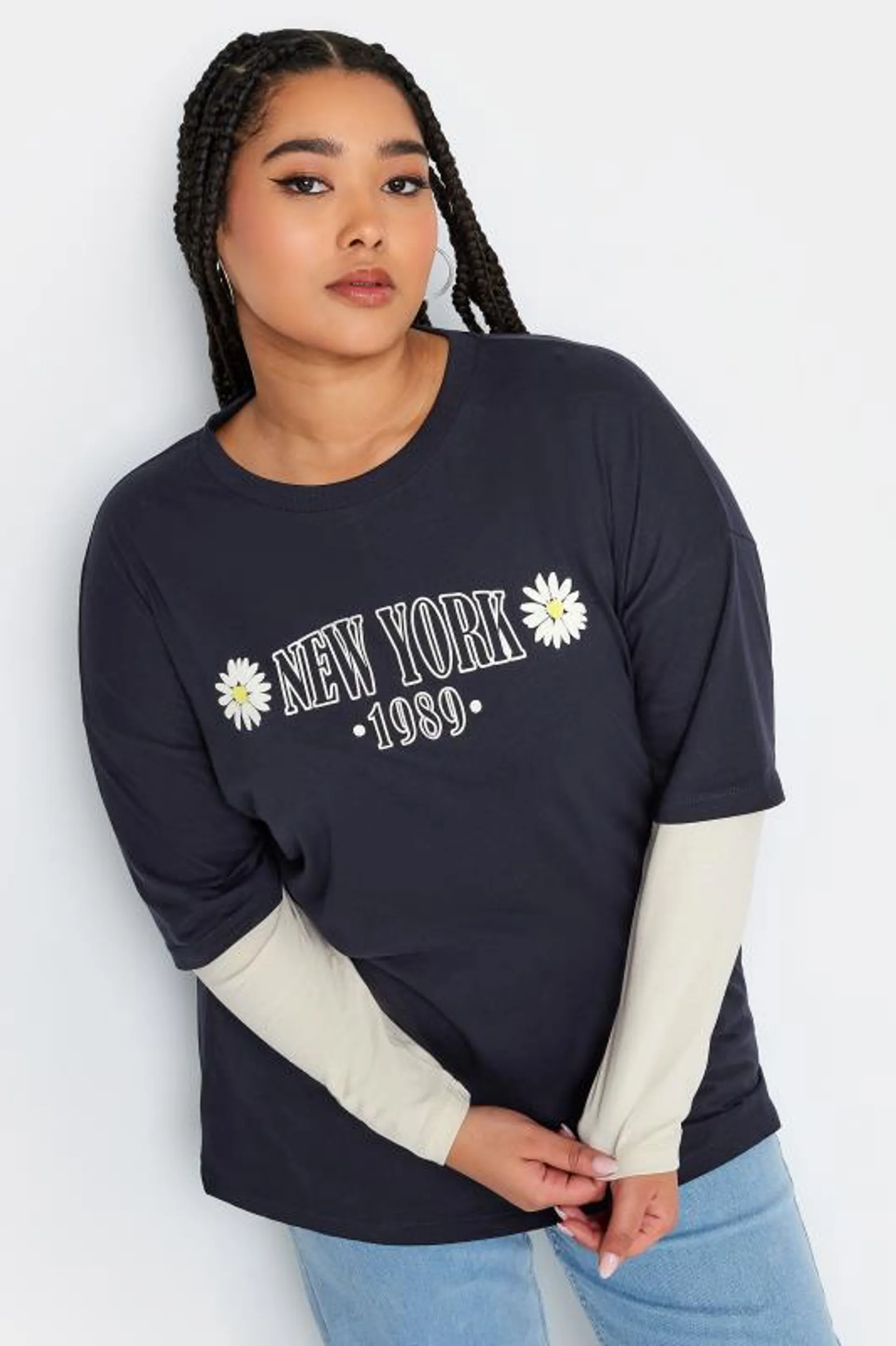 YOURS Curve Navy Blue 2 In 1 'New York' Print Top