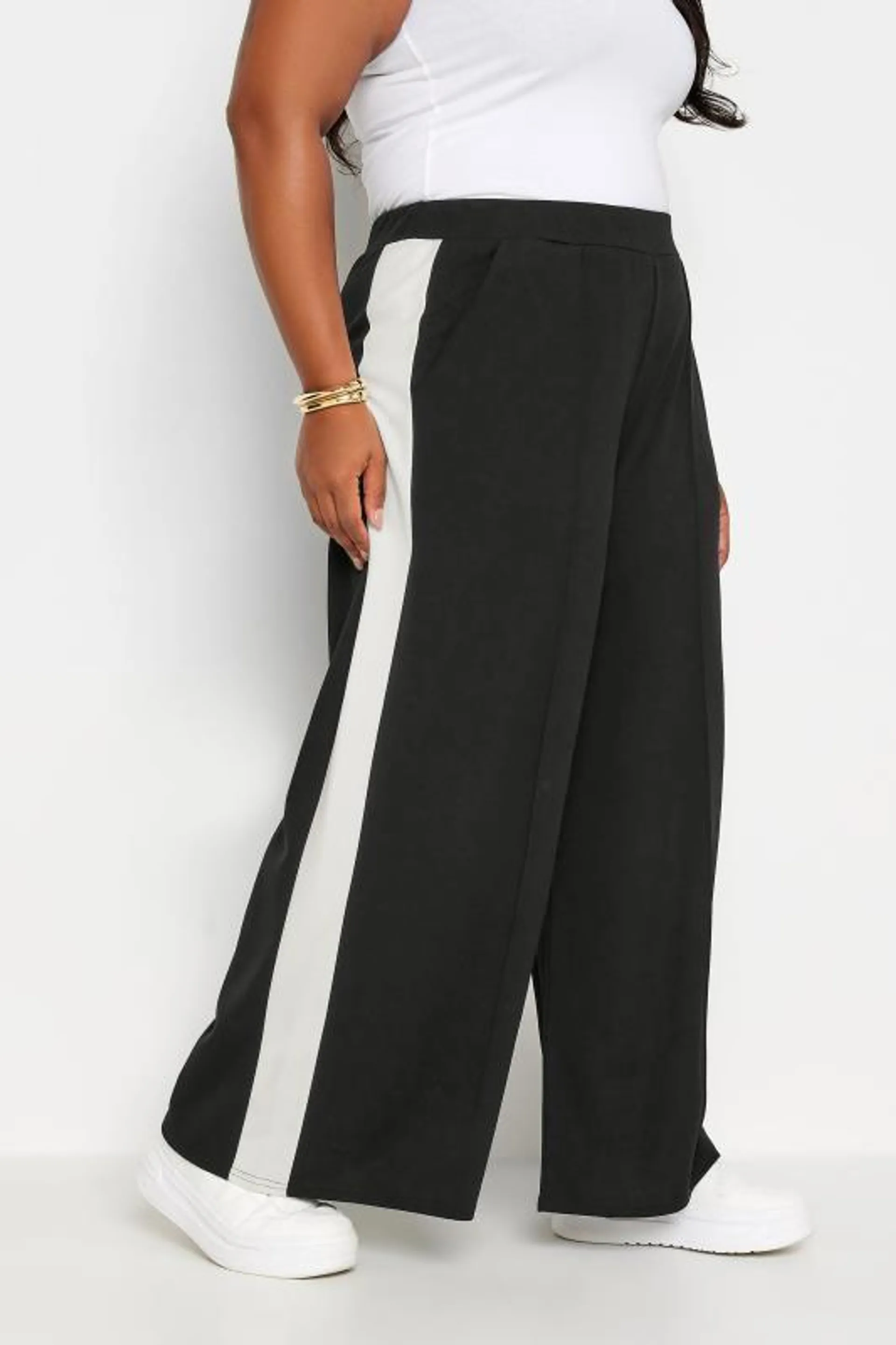 YOURS Curve Black Side Stripe Wide Leg Trousers