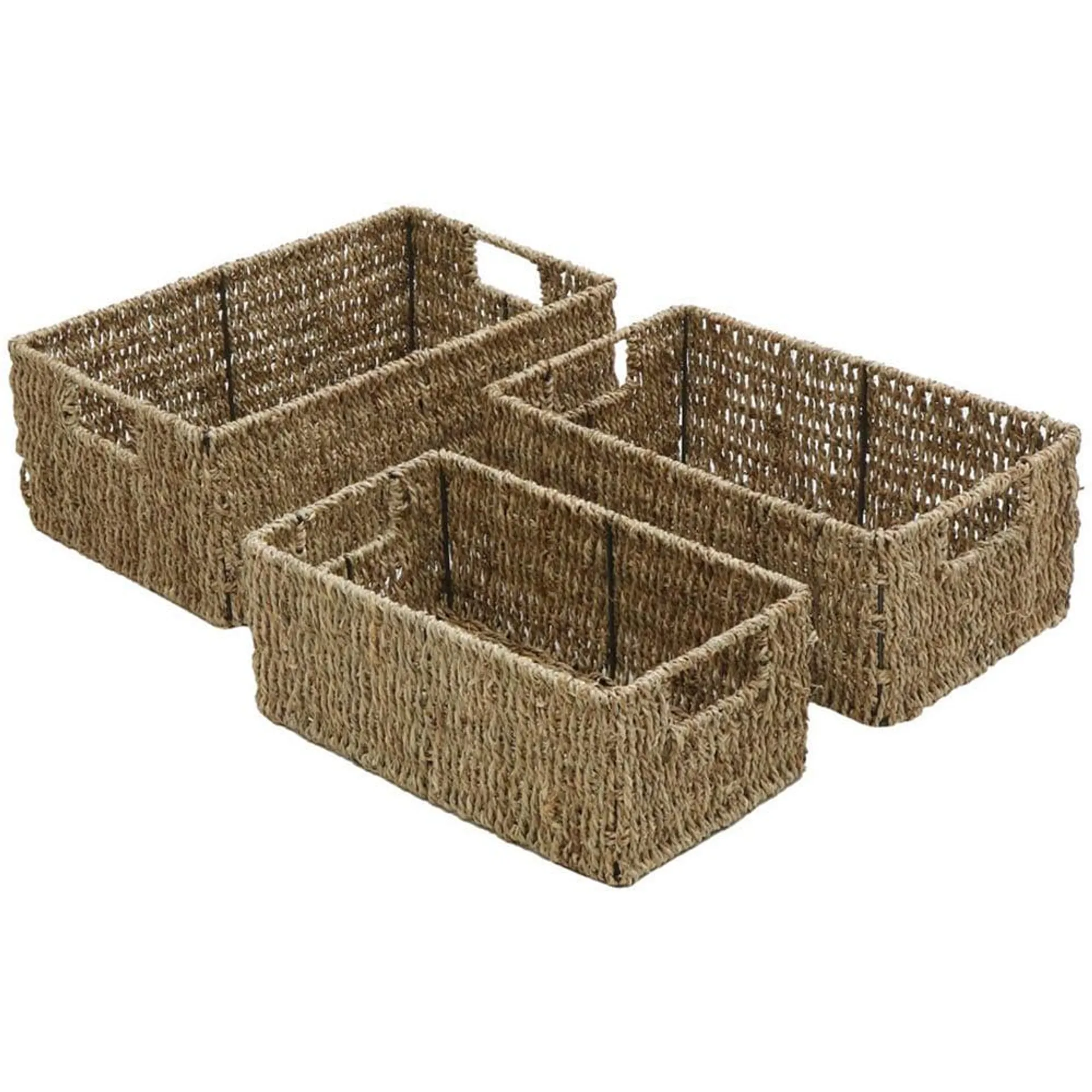 JVL Seagrass Rectangular Storage Baskets with Handles Set of 3