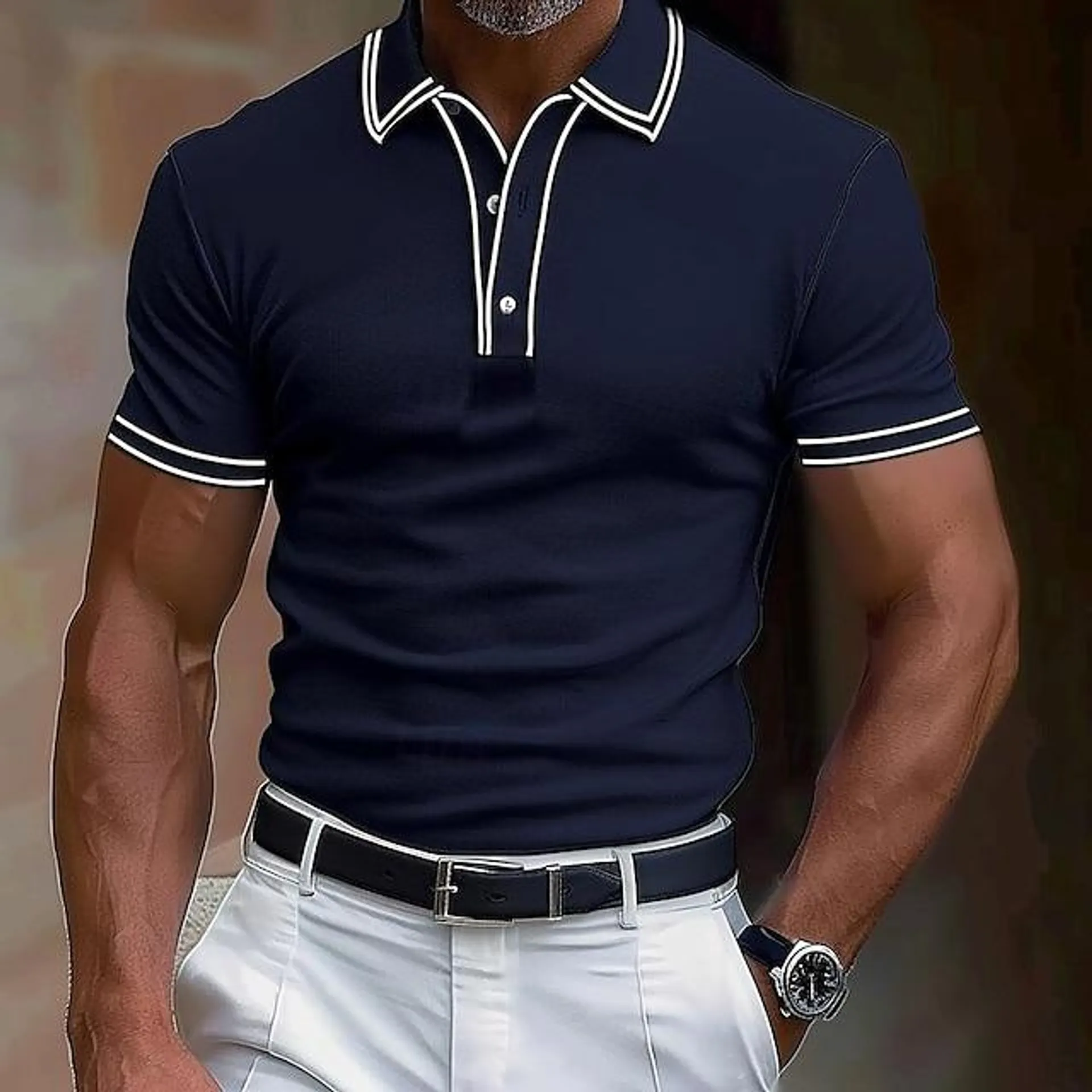 Men's Polo Shirt Golf Shirt Work Business Ribbed Polo Collar Classic Short Sleeve Basic Modern Solid Color Patchwork Button Spring & Summer Regular Fit Black Burgundy Navy Blue Royal Blue Polo Shirt