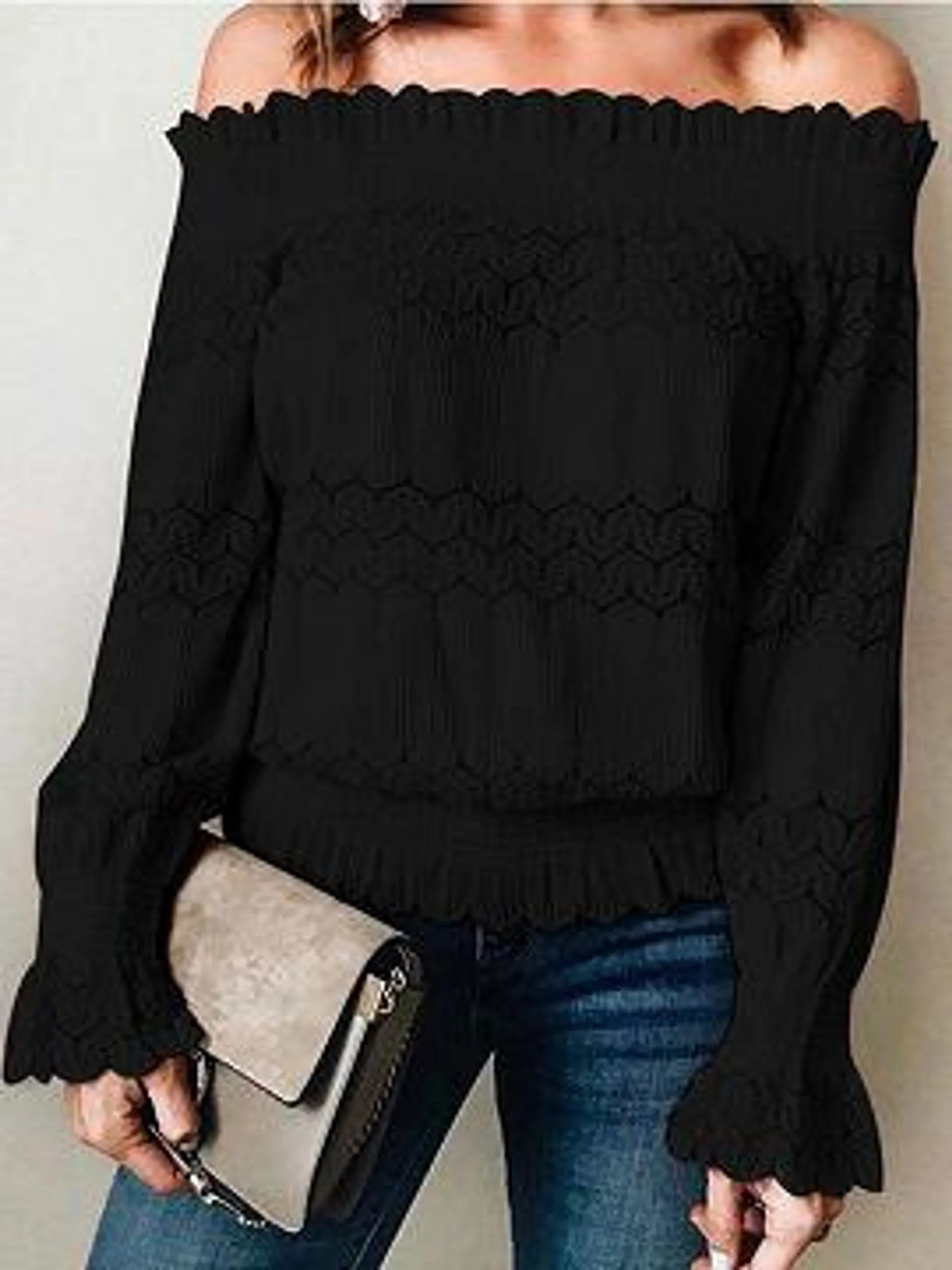 Black Off Shoulder Long Sleeve Blouse