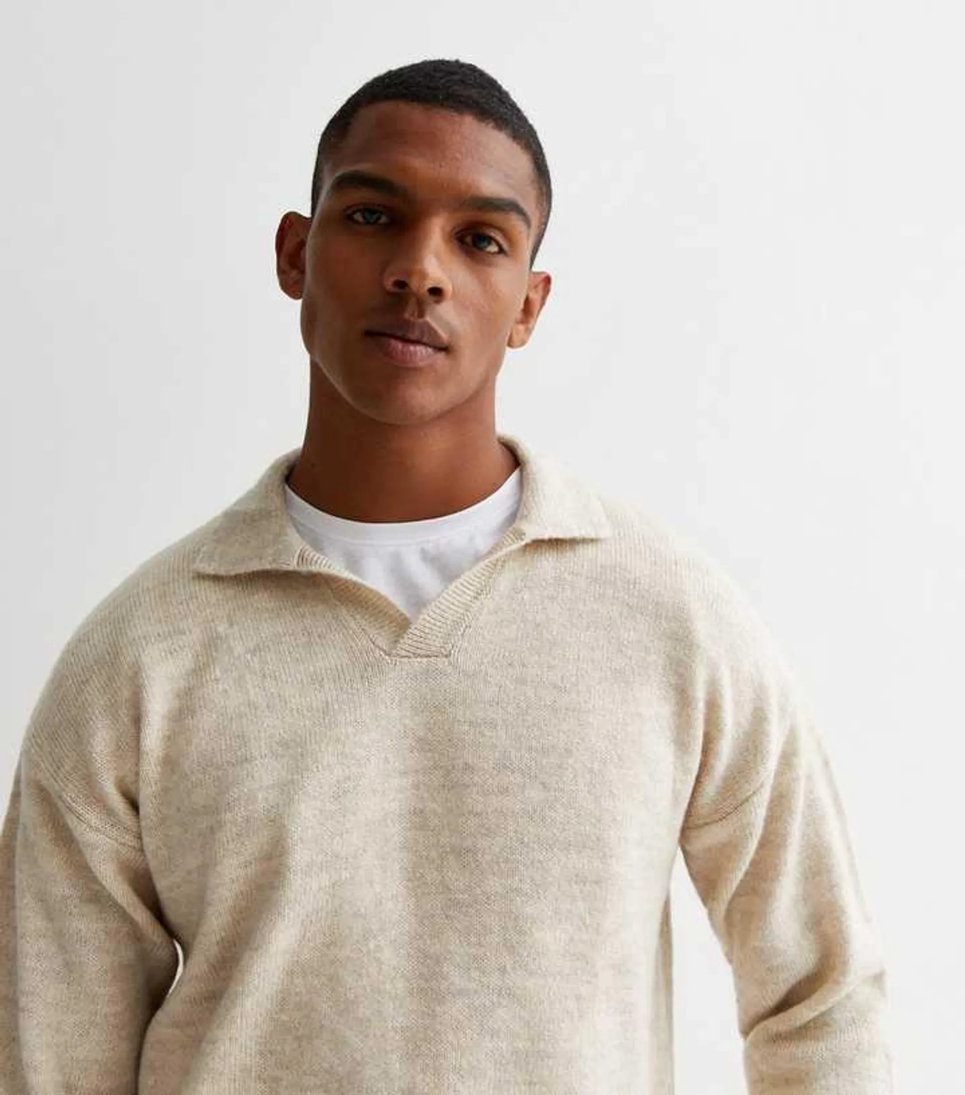 Stone Marl Fine Knit Collared Jumper