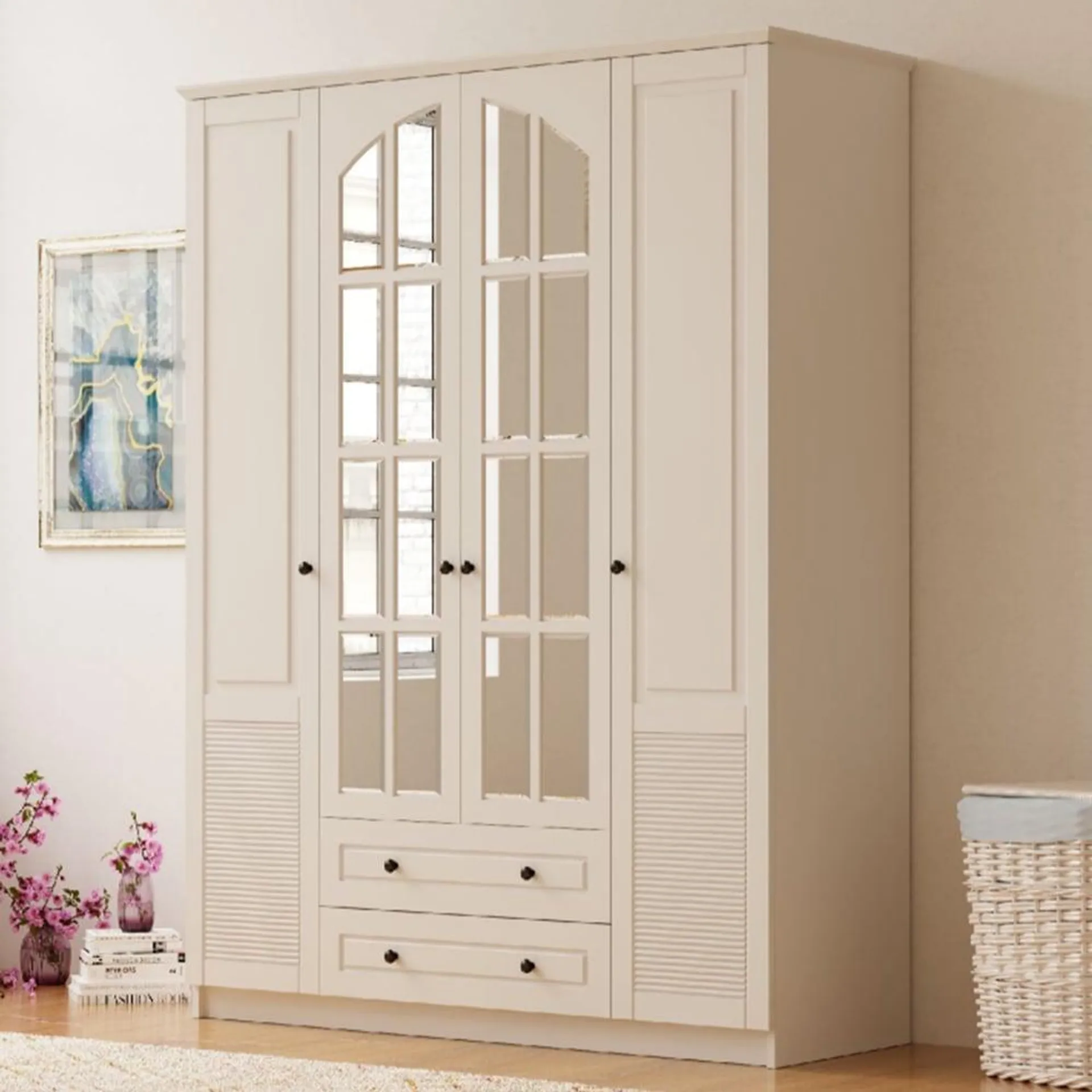 Evu Elise 4 Door 2 Drawer White Mirrored Wardrobe