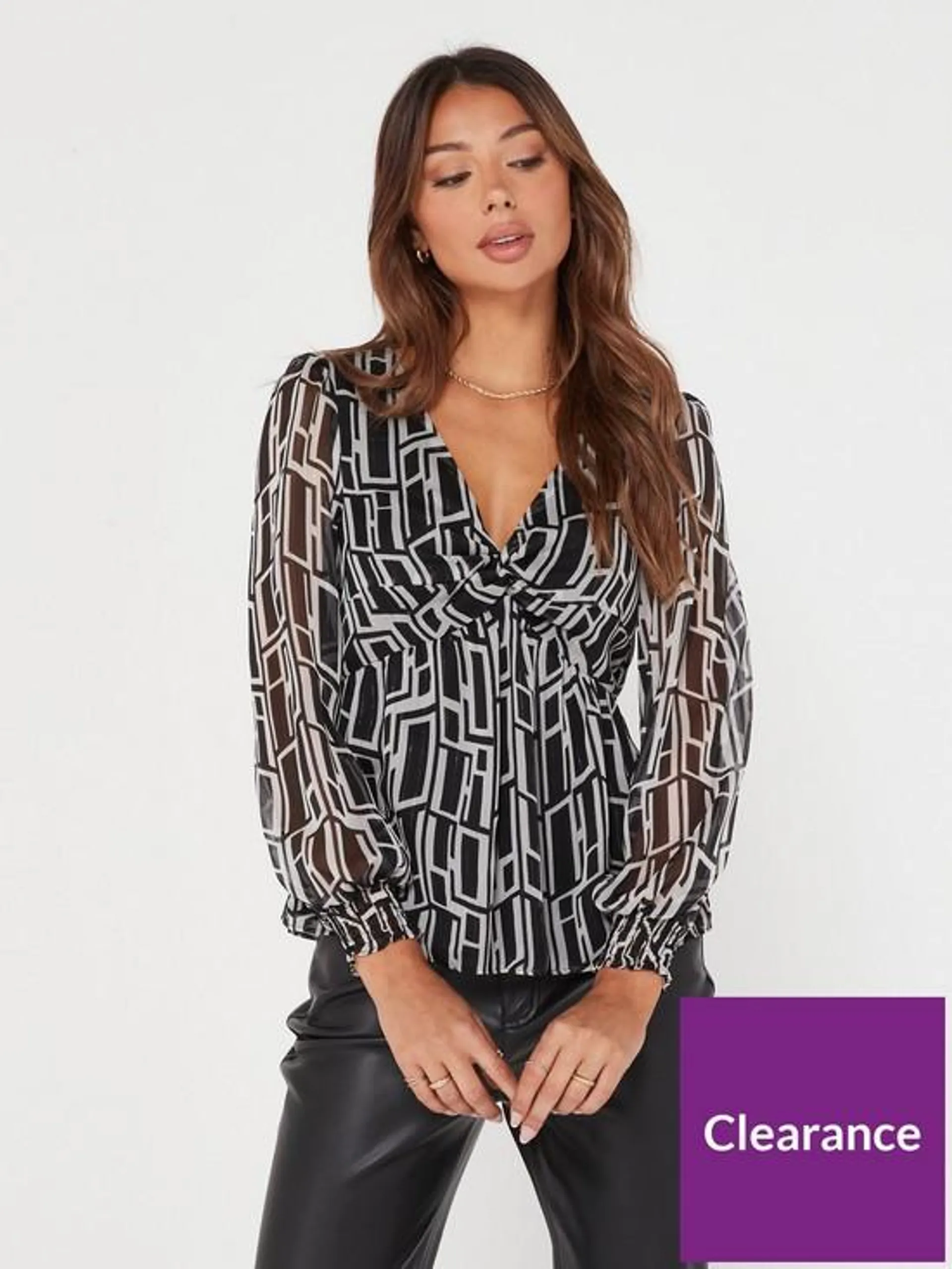 Long Sleeve V-Neck Geo Print Empire Blouse