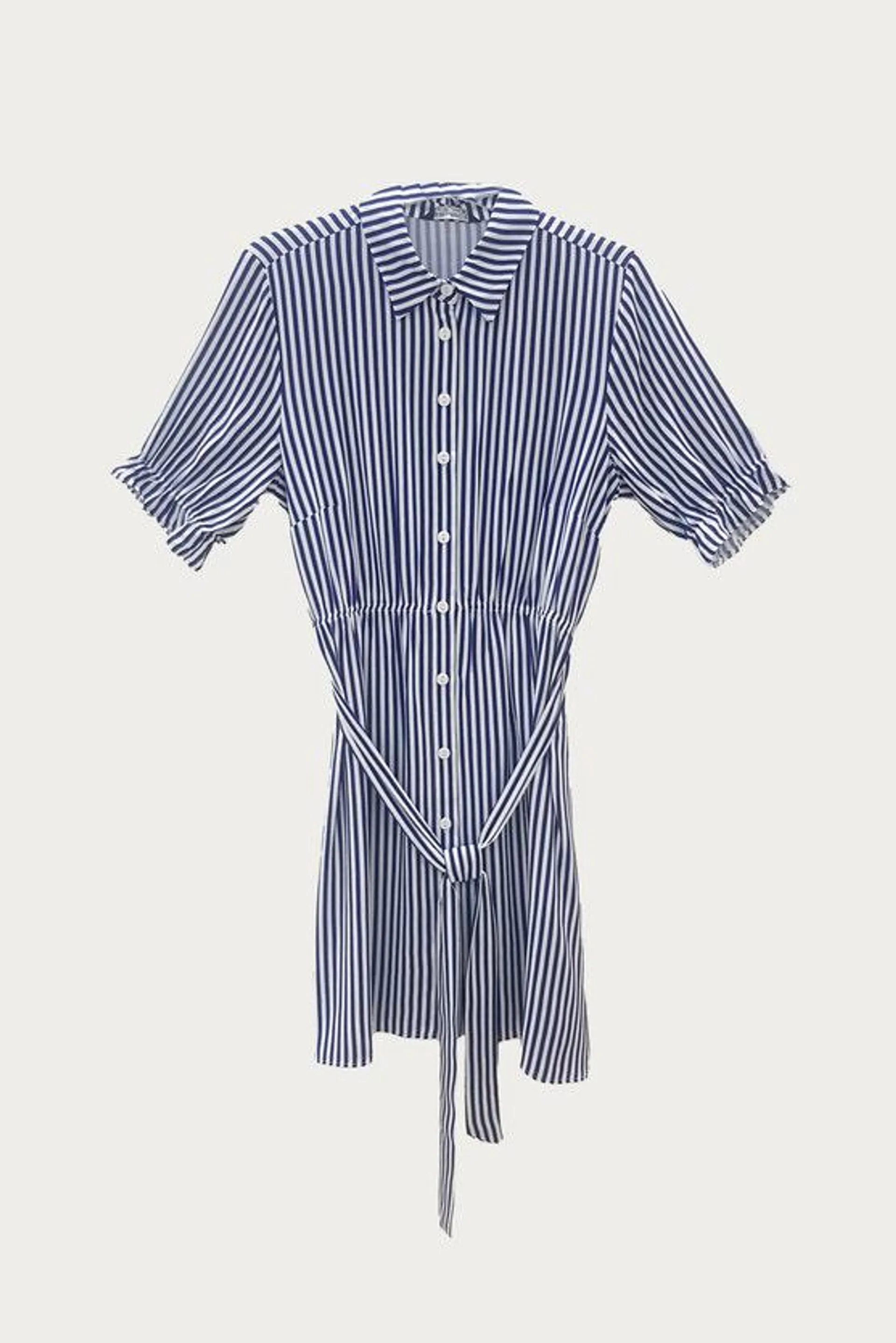 Blue Stripe Puff Sleeve Shirt Dress