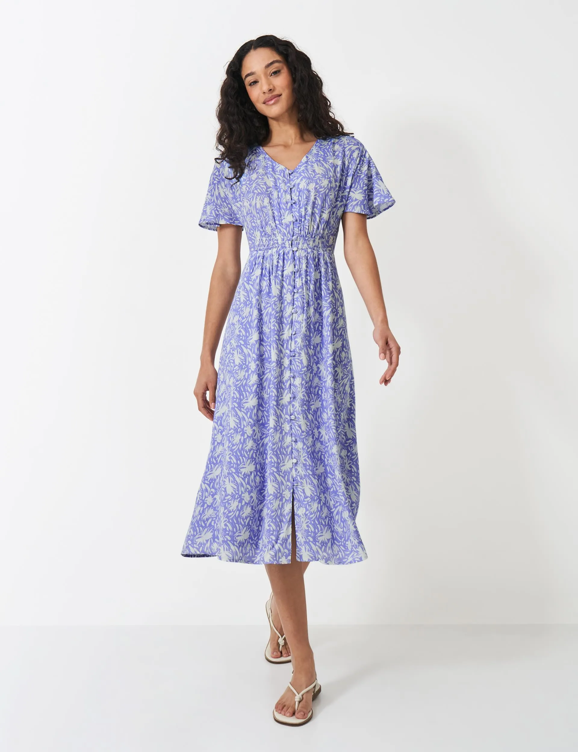 Floral V-Neck Shirred Detail Midi Tea Dress