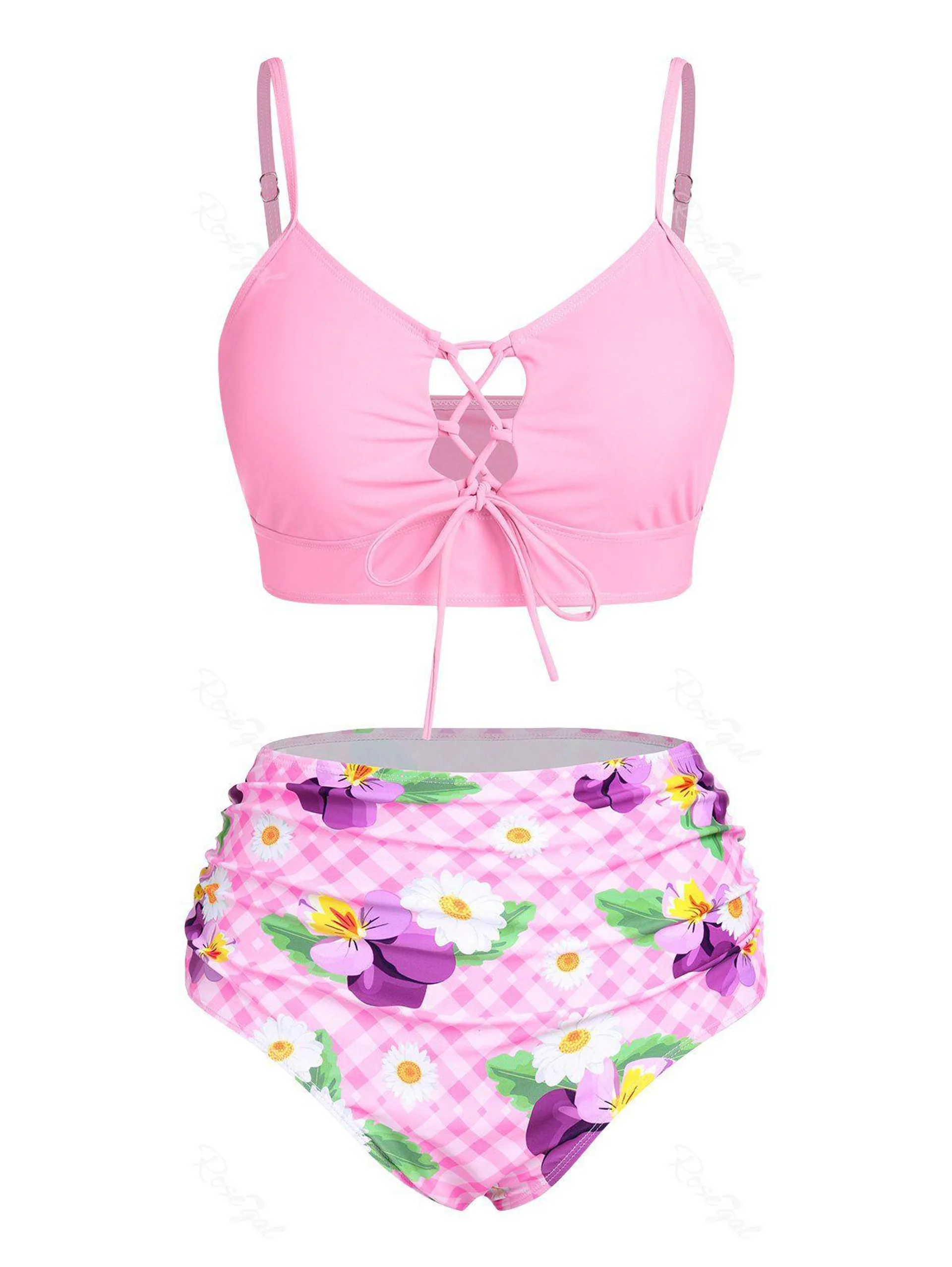 Plus Size Plaid Flower Lace Up Ruched Longline Bikini Swimsuit - 5x