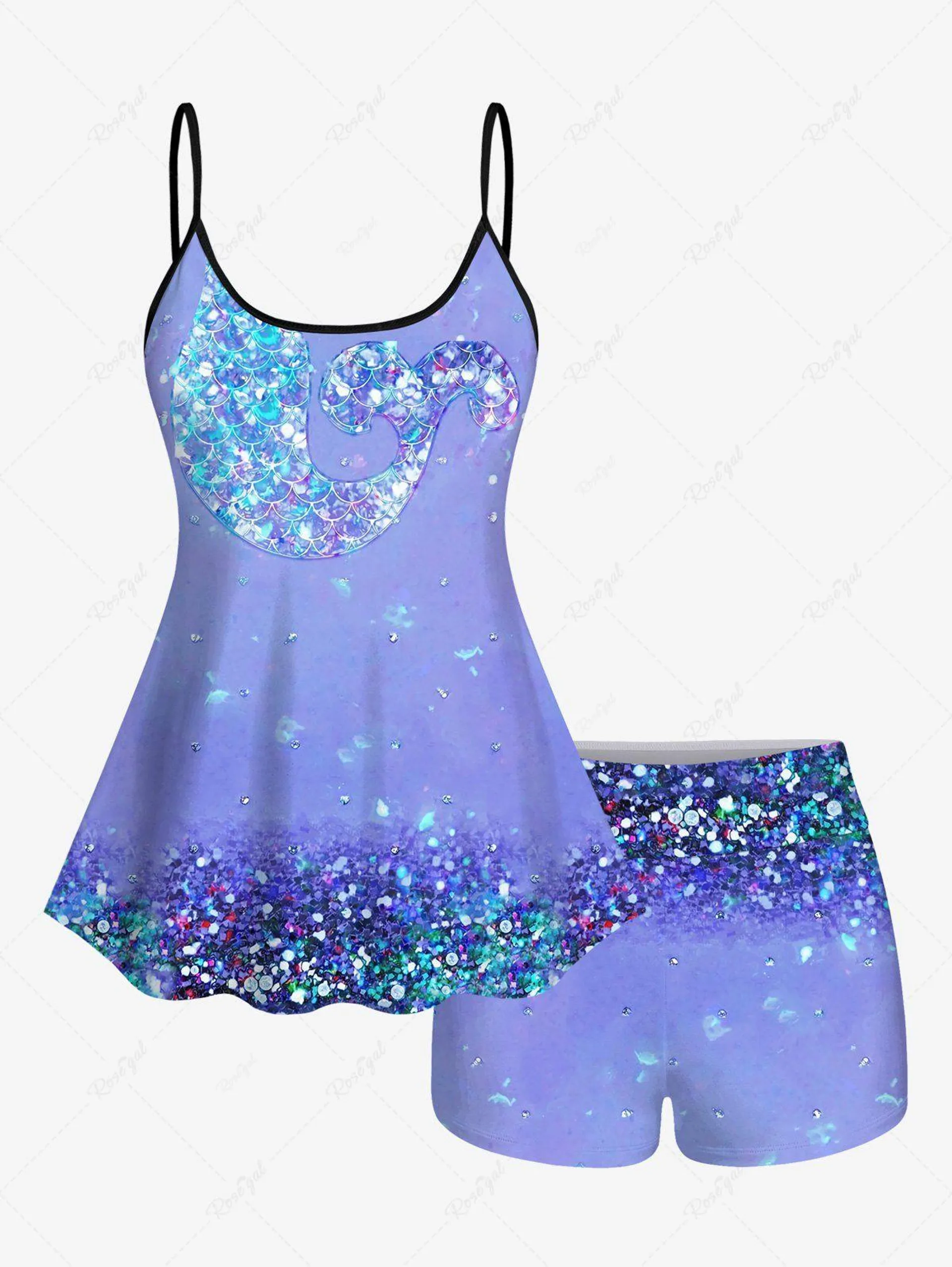 Glitter Sparkling Sequins Fish Scale Mermaid Ombre Water Droplet Print Backless Boyleg Tankini Swimsuit (Adjustable Shoulder Strap) - L