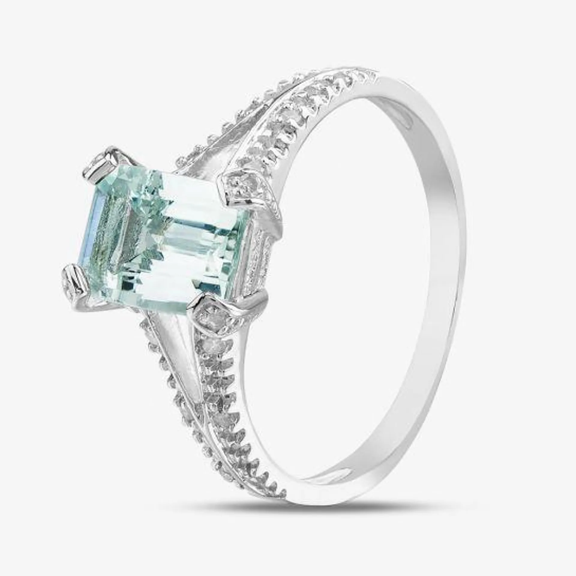 9ct White Gold Emerald Cut Aquamarine & Diamond Split Shoulders Ring