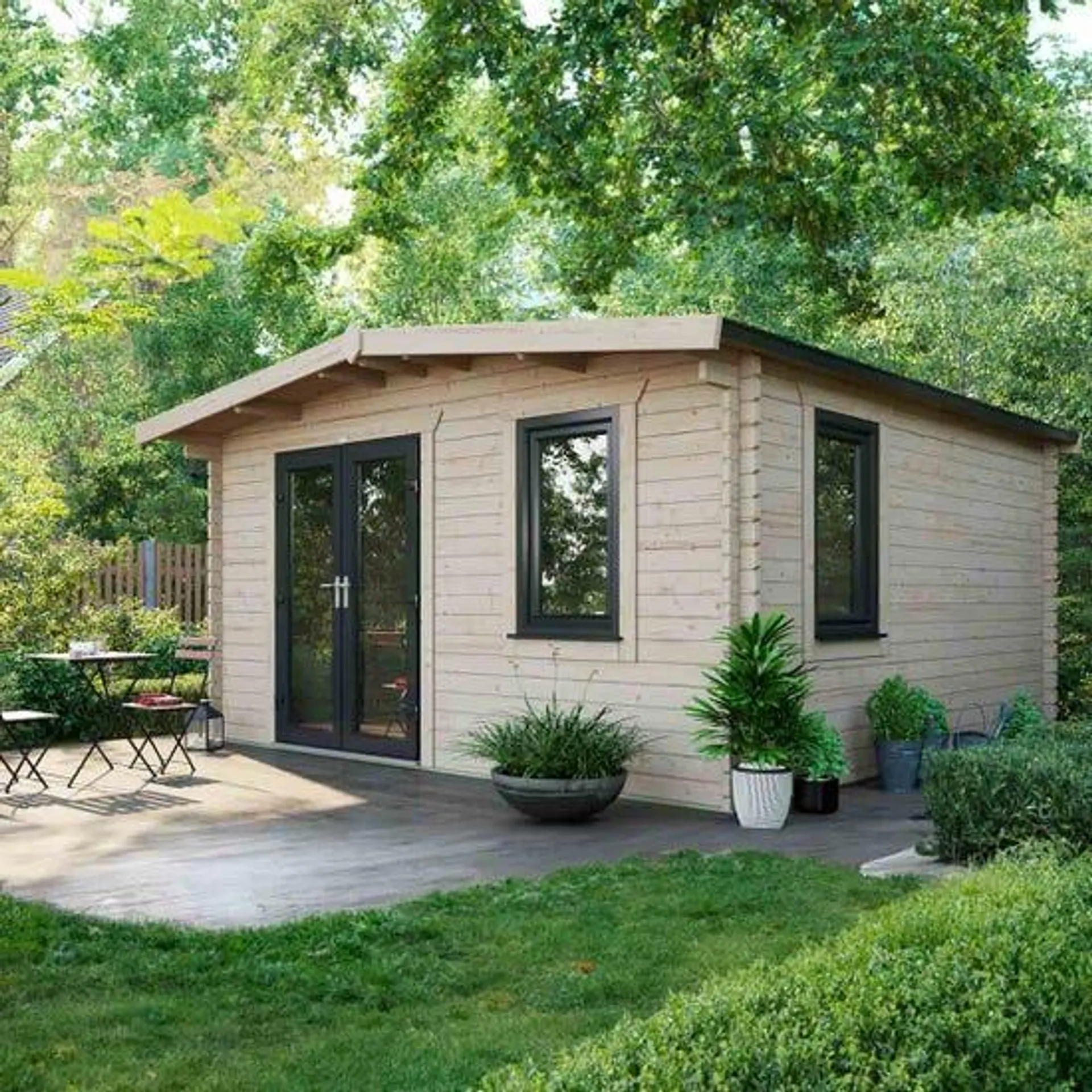 Power 14' x 14' Chalet Log Cabin - Left Side Double Door