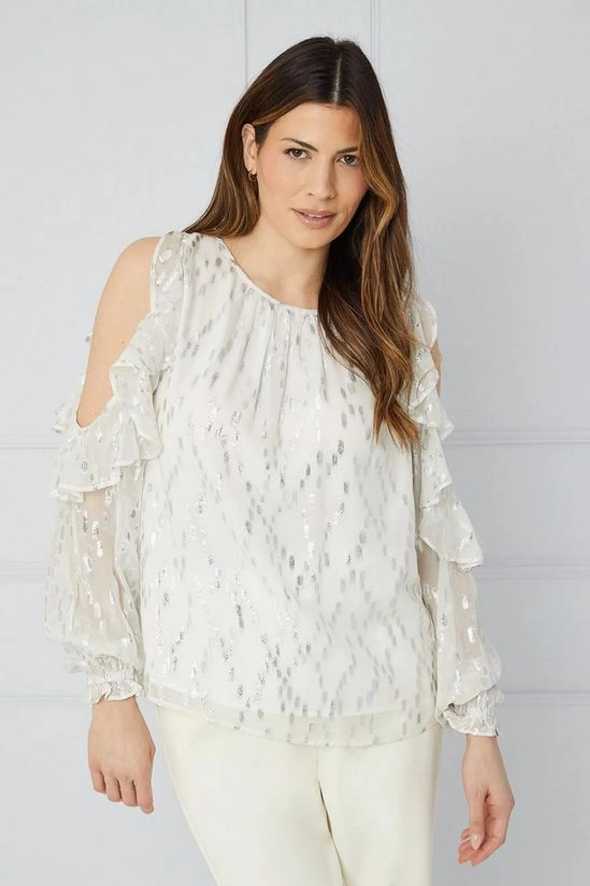 Metallic Spot Ruffle Cold Shoulder Top