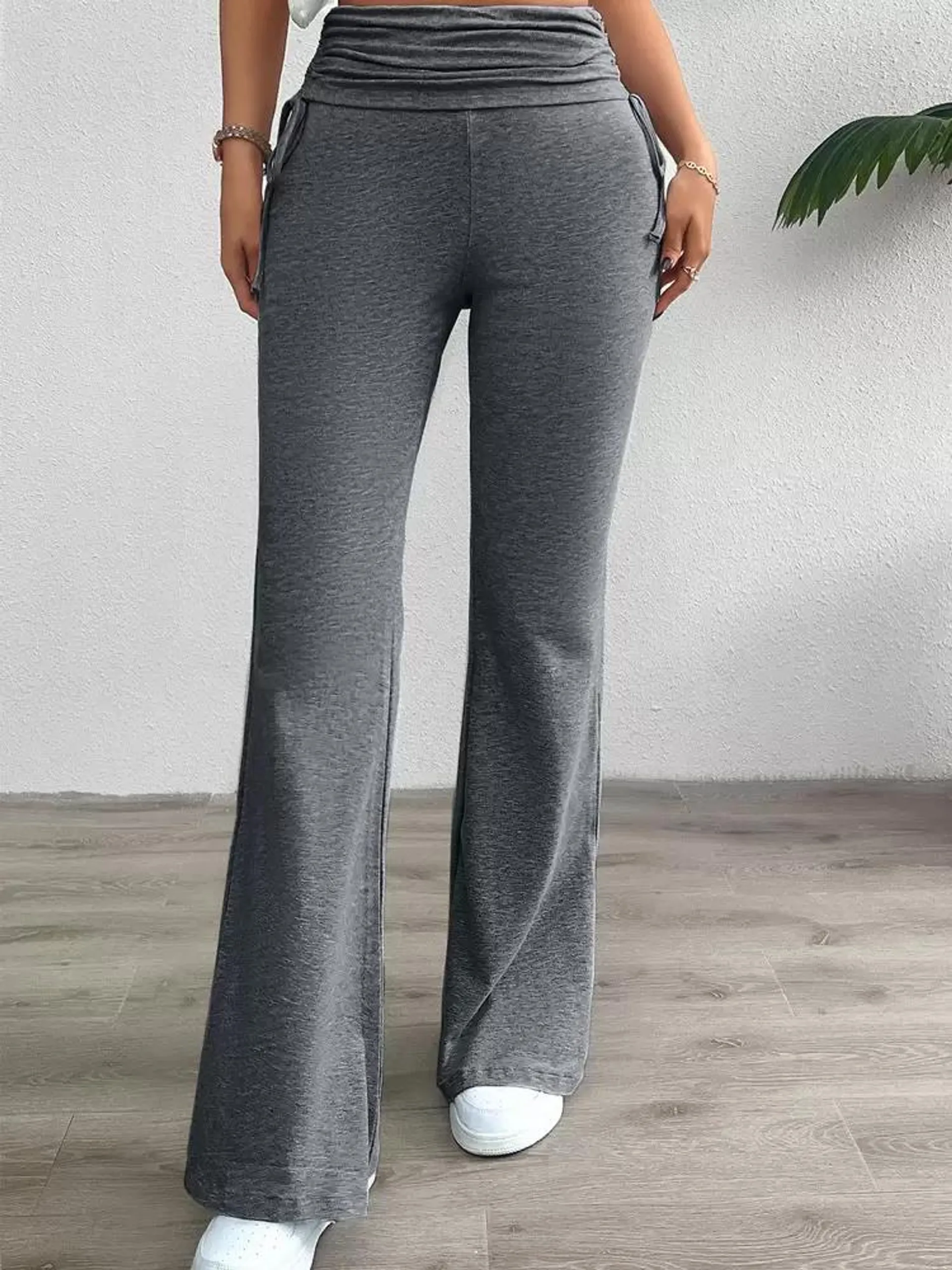 Pants Deep Gray Polyester Drawstring Natural Waist Trousers