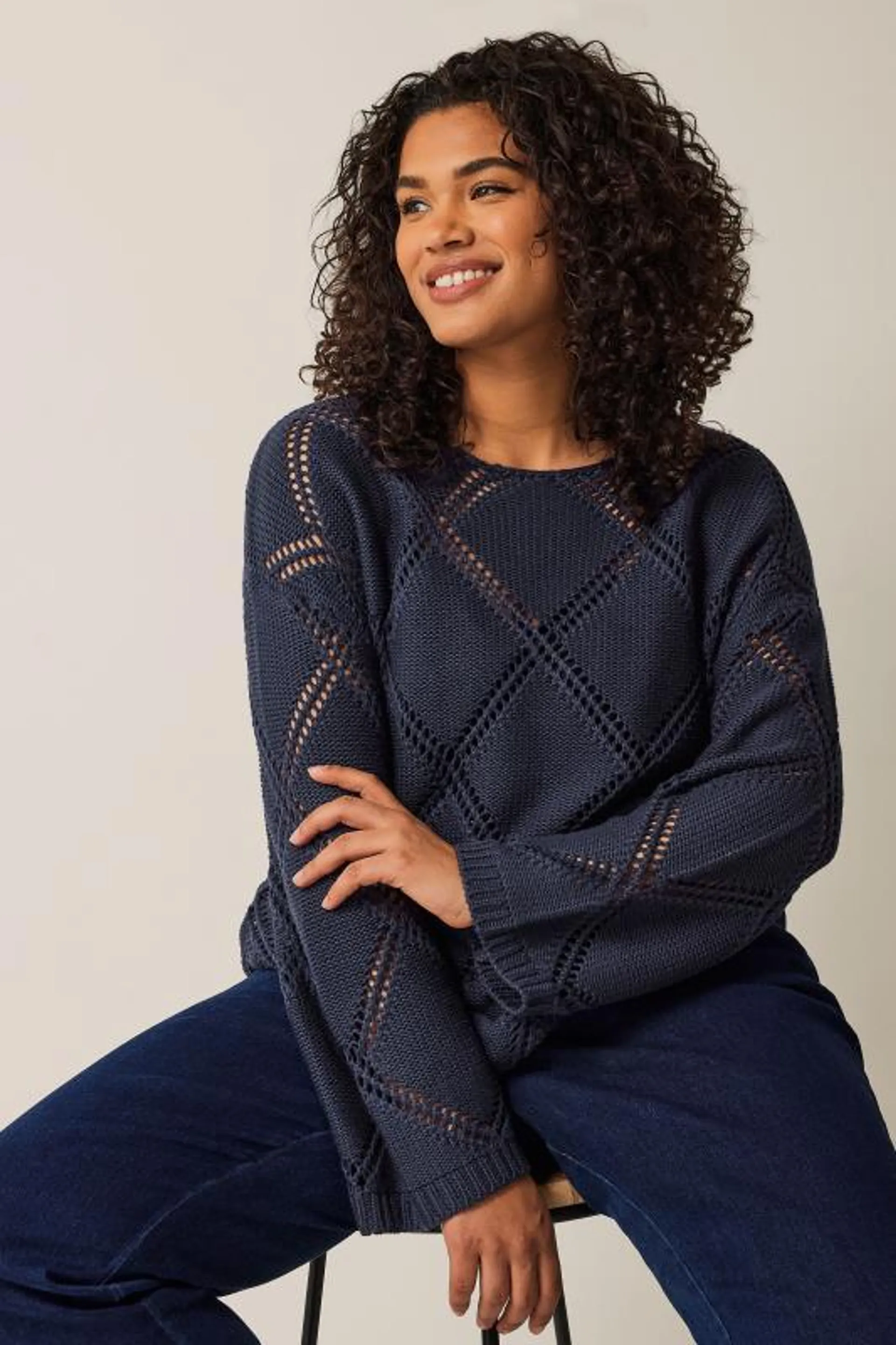 EVANS Curve Navy Blue Diamond Pointelle Jumper