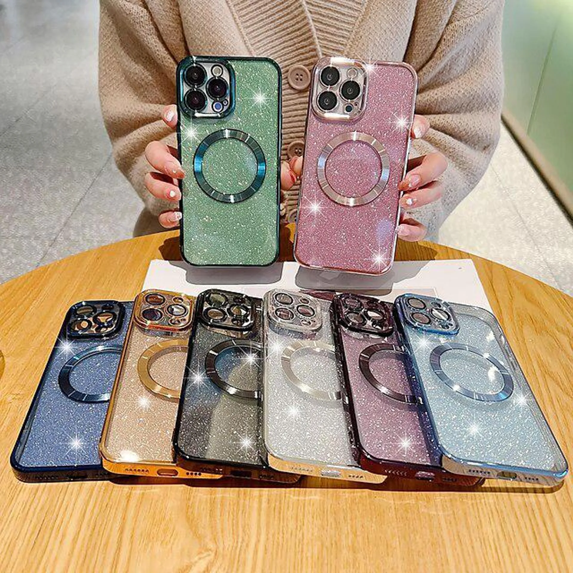 Electroplated Glitter Design Magnetic Suction Ring Mobile Phone Case For Apple IPhone 14 13 Pro Max Plus Mini