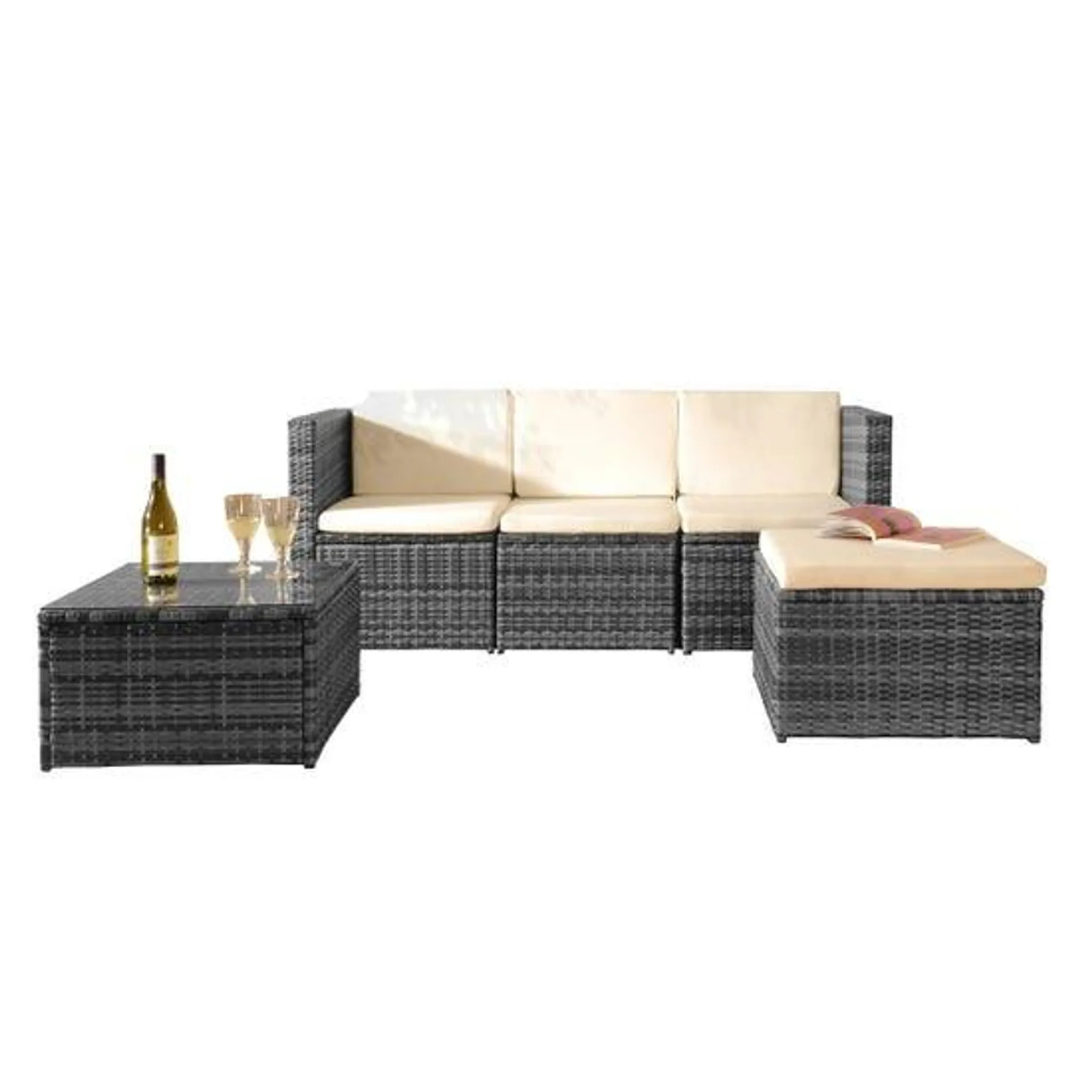 3Pc Rattan Garden Patio Furniture Set - Sofa Footstool & Coffee Table - Grey