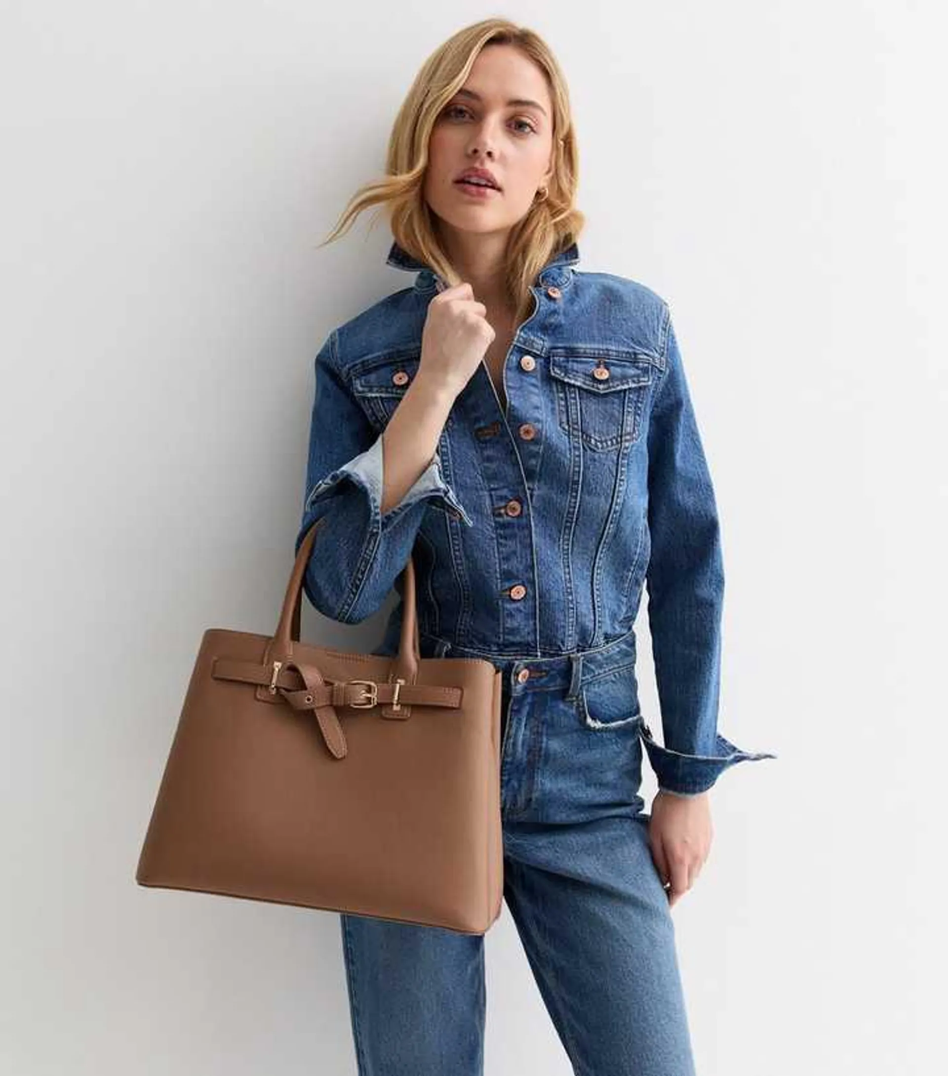 Brown Leather-Look Buckle Tote Bag