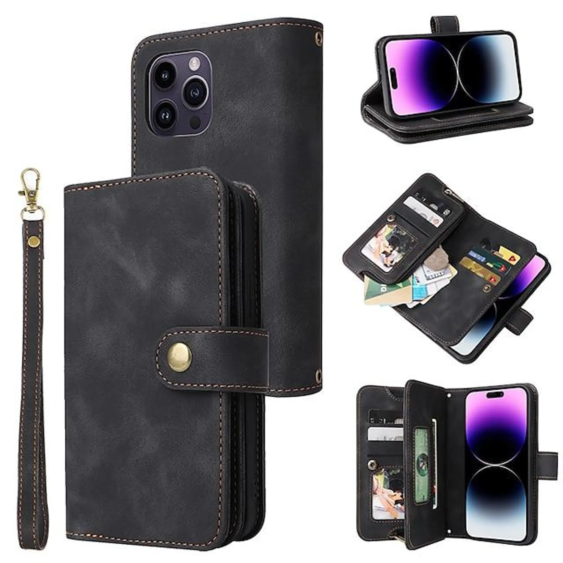 Phone Case For iPhone 15 Pro Max Plus 14 13 12 11 X XR XS 8 7 Wallet Case with Stand Holder Full Body Protective with Lanyard Solid Color TPU PU Leather